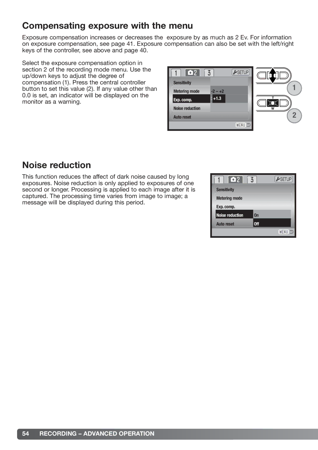 Konica Minolta xg instruction manual Compensating exposure with the menu, Noise reduction 