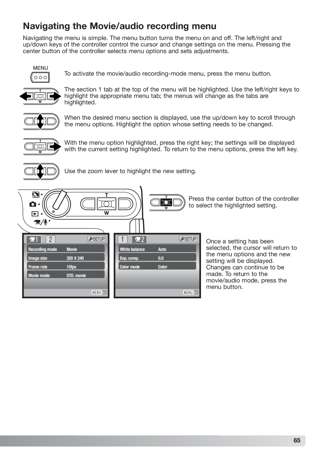 Konica Minolta xg instruction manual Navigating the Movie/audio recording menu 