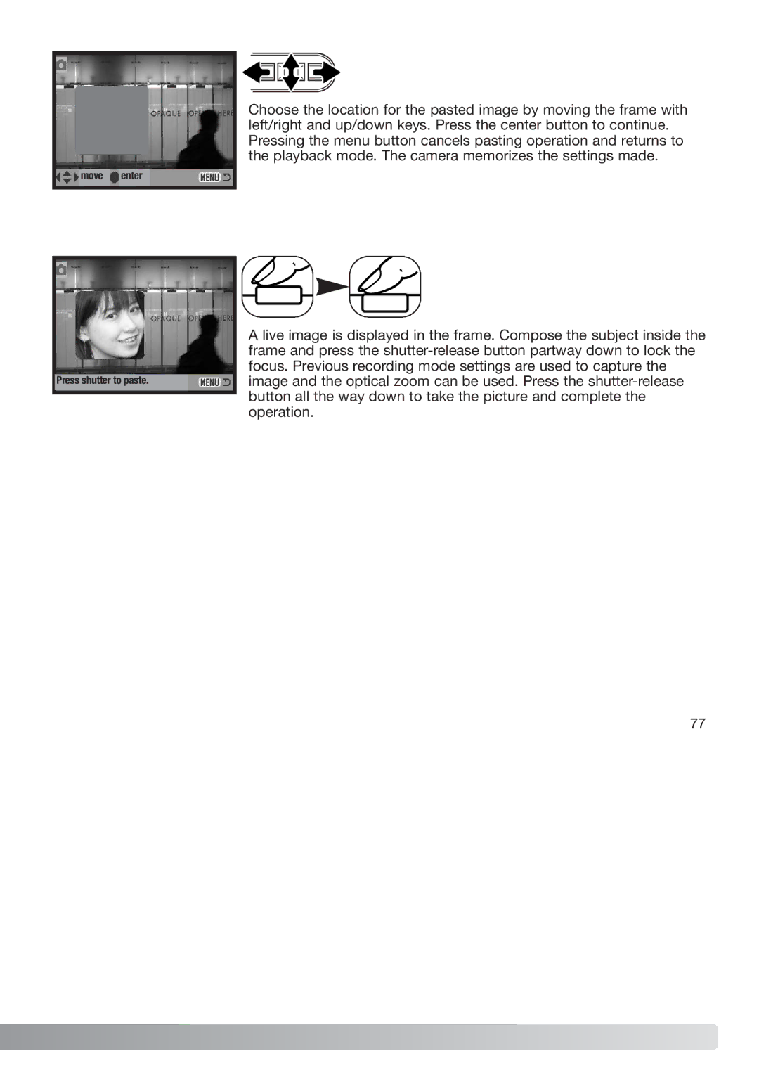 Konica Minolta xg instruction manual Move enter Press shutter to paste 