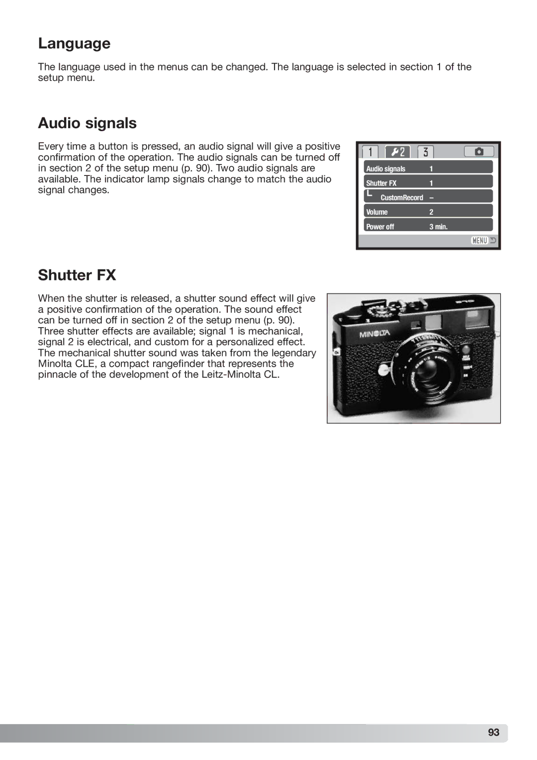 Konica Minolta xg instruction manual Language, Audio signals, Shutter FX 