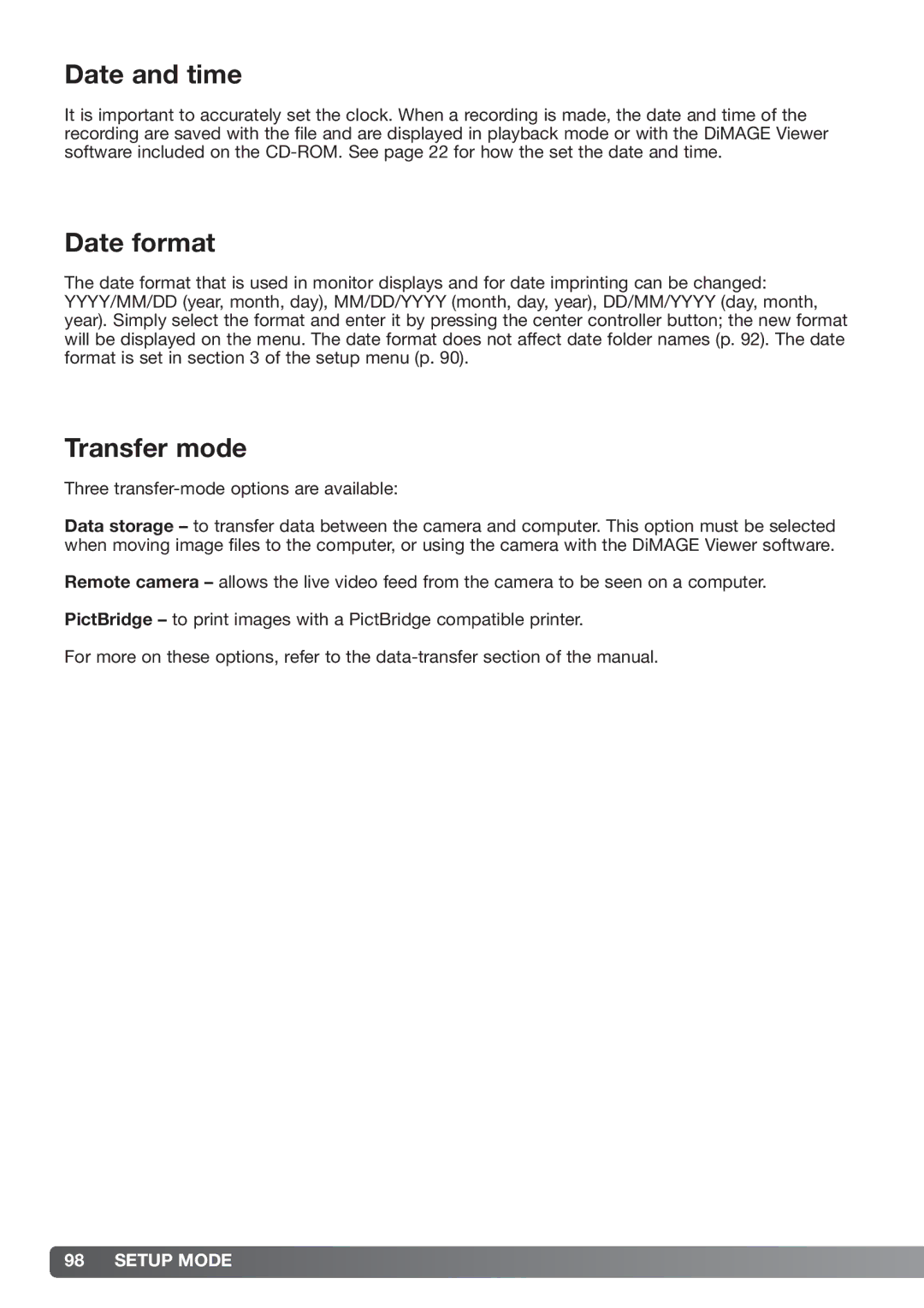 Konica Minolta xg instruction manual Date and time, Date format, Transfer mode 