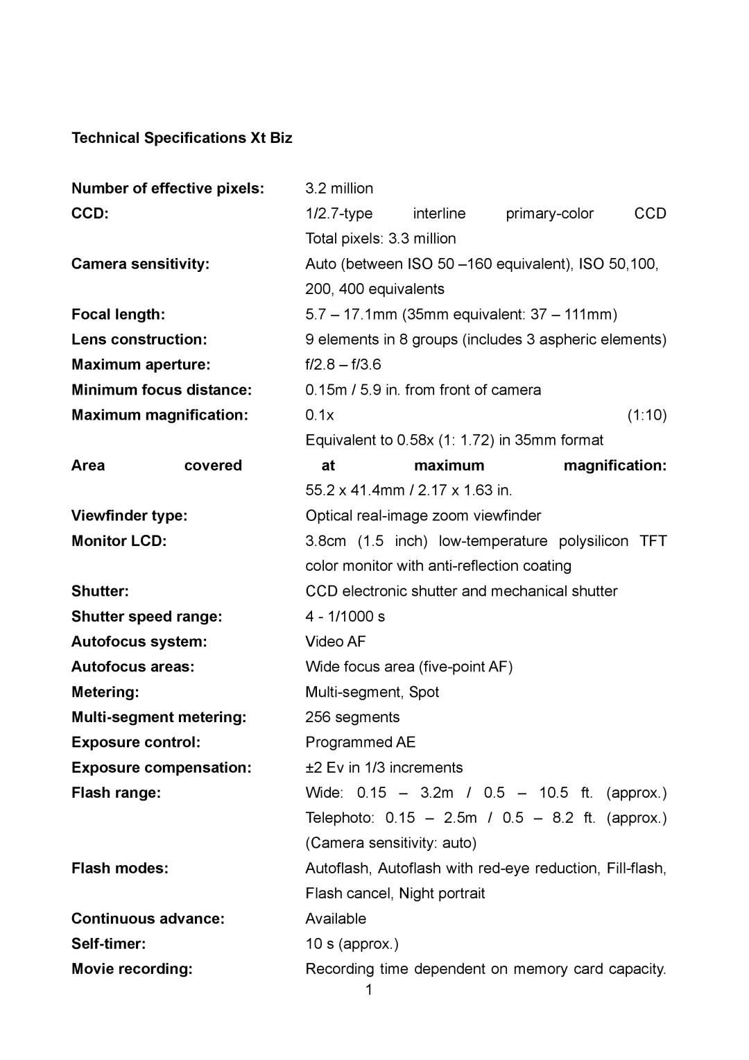 Konica Minolta technical specifications Technical Specifications Xt Biz Number of effective pixels, Camera sensitivity 