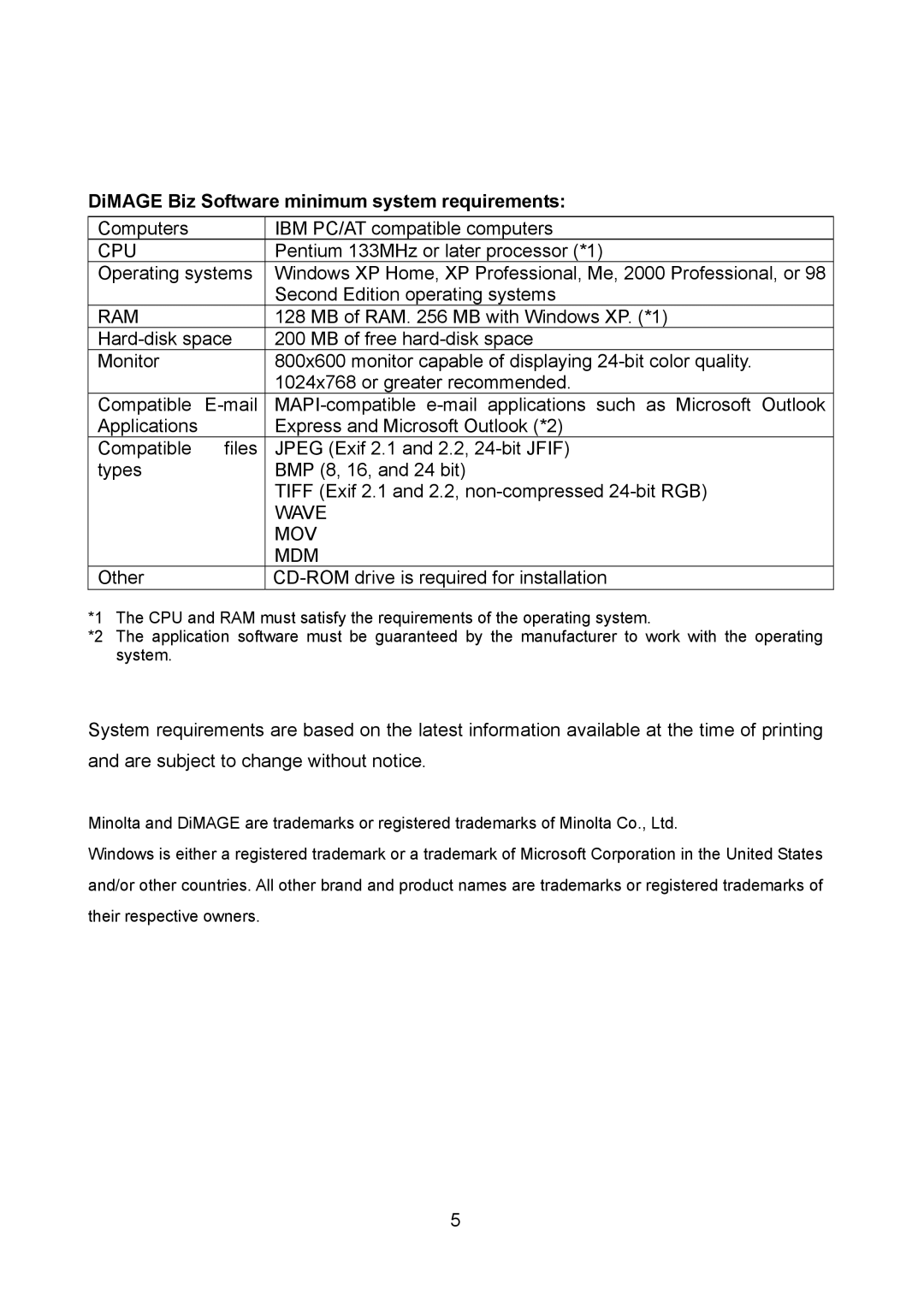 Konica Minolta Xt Biz technical specifications DiMAGE Biz Software minimum system requirements 