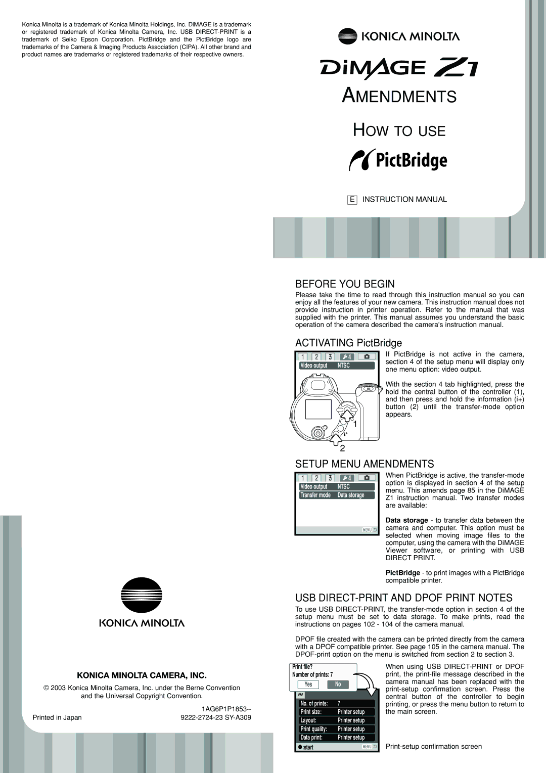 Konica Minolta Z1 instruction manual Before YOU Begin, Setup Menu Amendments, USB DIRECT-PRINT and Dpof Print Notes 