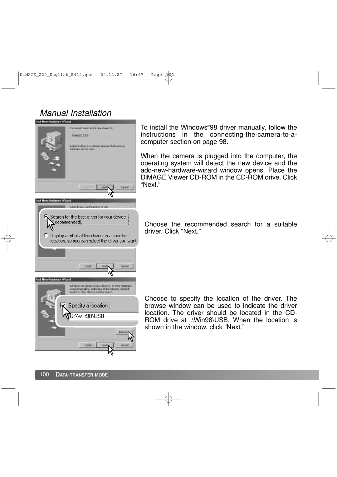 Konica Minolta Z20 instruction manual Manual Installation 