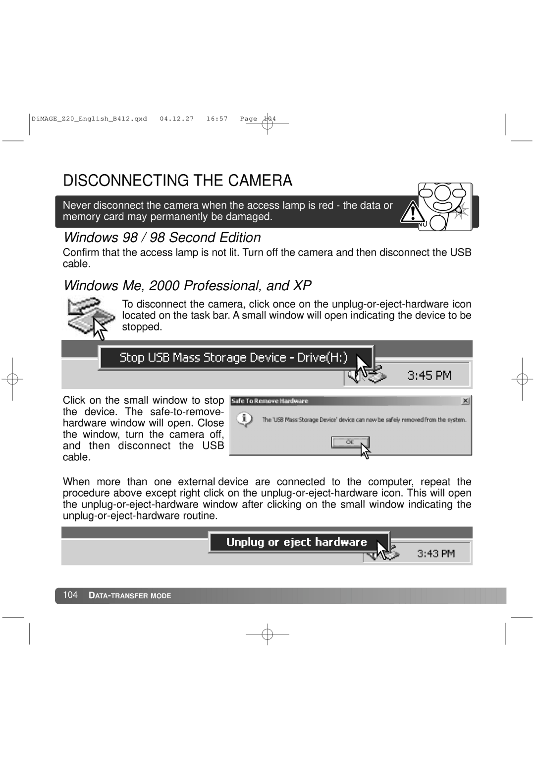 Konica Minolta Z20 Disconnecting the Camera, Windows 98 / 98 Second Edition, Windows Me, 2000 Professional, and XP 