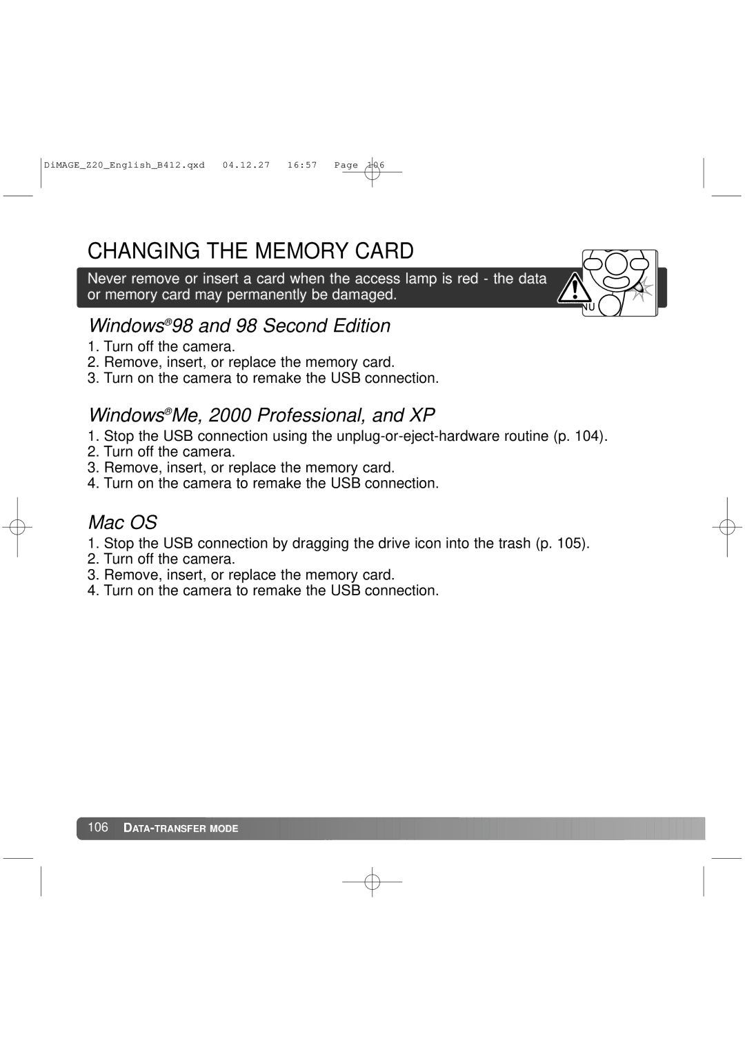 Konica Minolta Z20 instruction manual Changing the Memory Card, Windows 98 and 98 Second Edition 