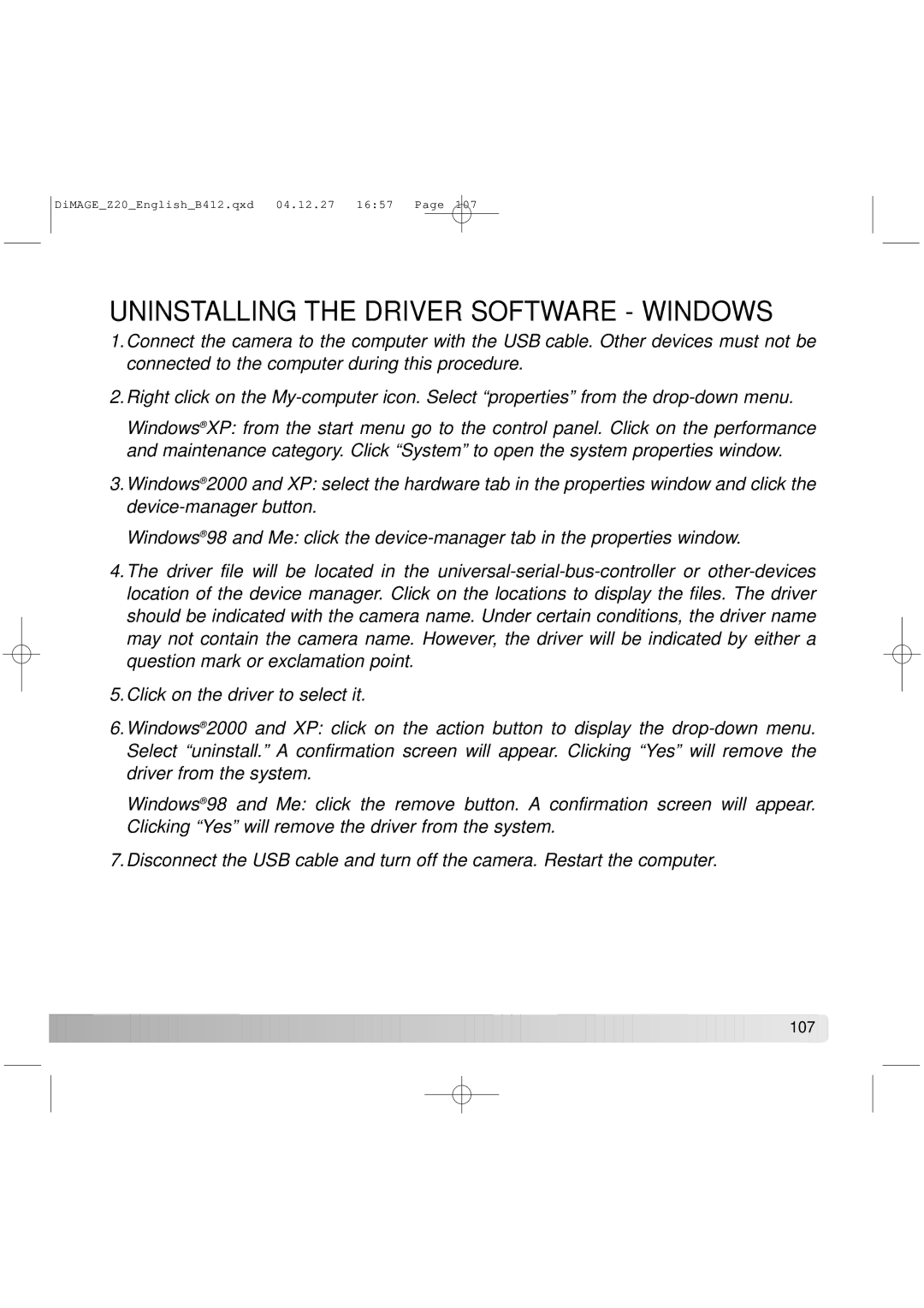 Konica Minolta Z20 instruction manual Uninstalling the Driver Software Windows 