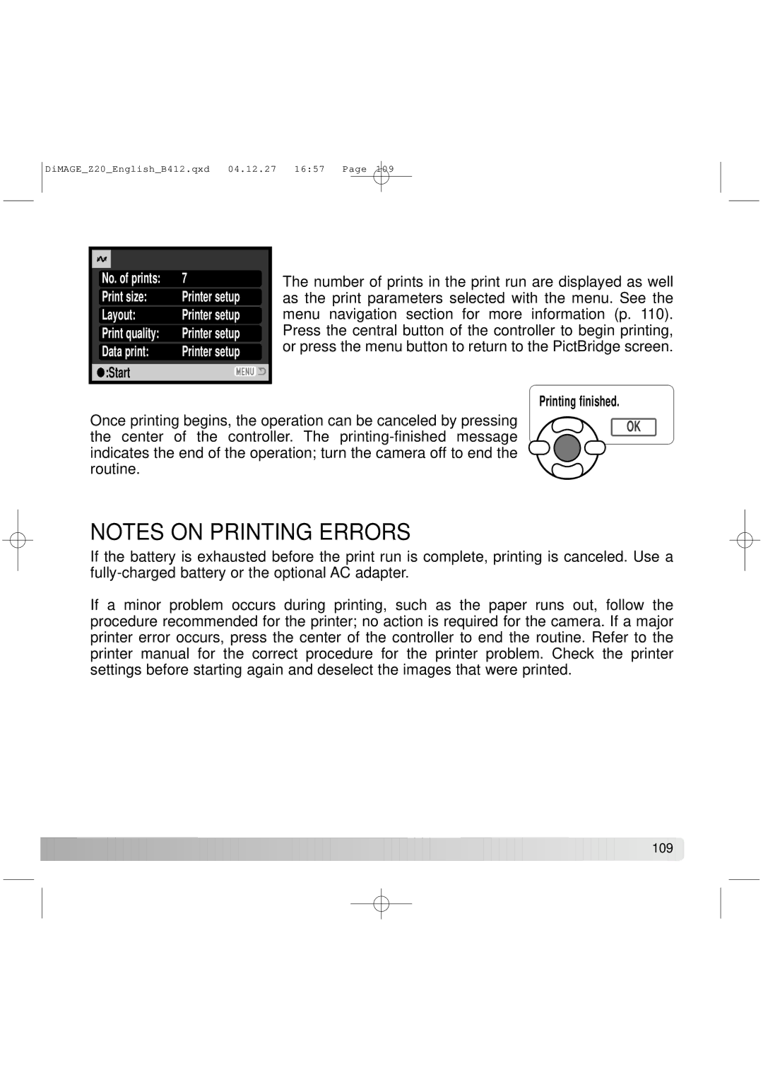 Konica Minolta Z20 instruction manual Print size Printer setup Layout 