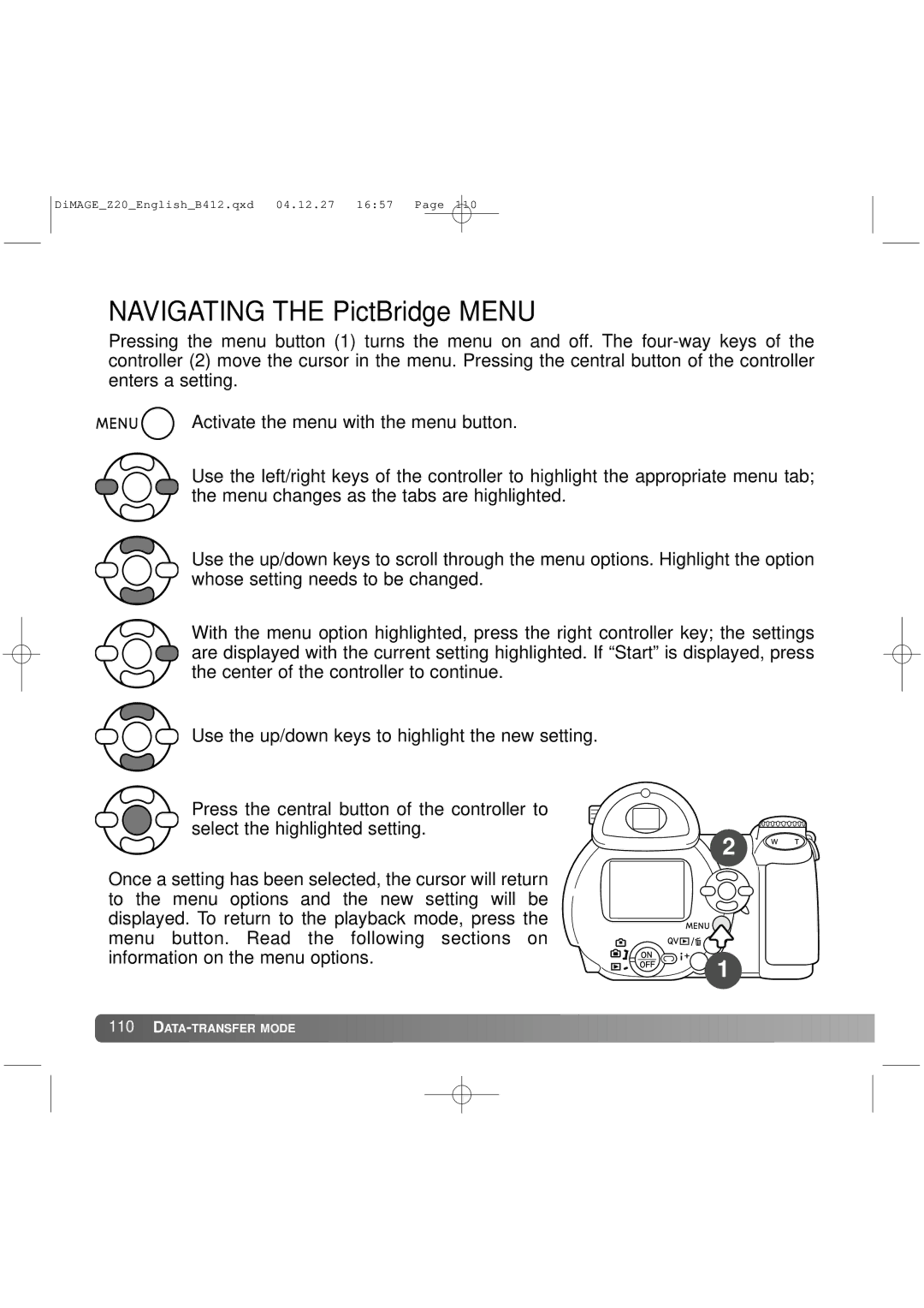 Konica Minolta Z20 instruction manual Navigating the PictBridge Menu 