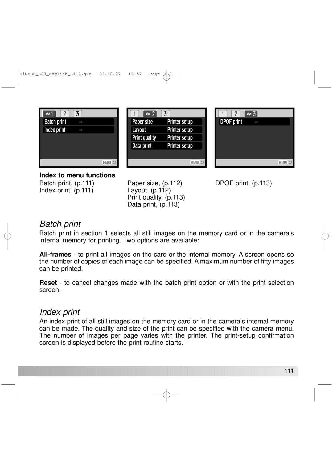 Konica Minolta Z20 instruction manual Batch print, Index print 