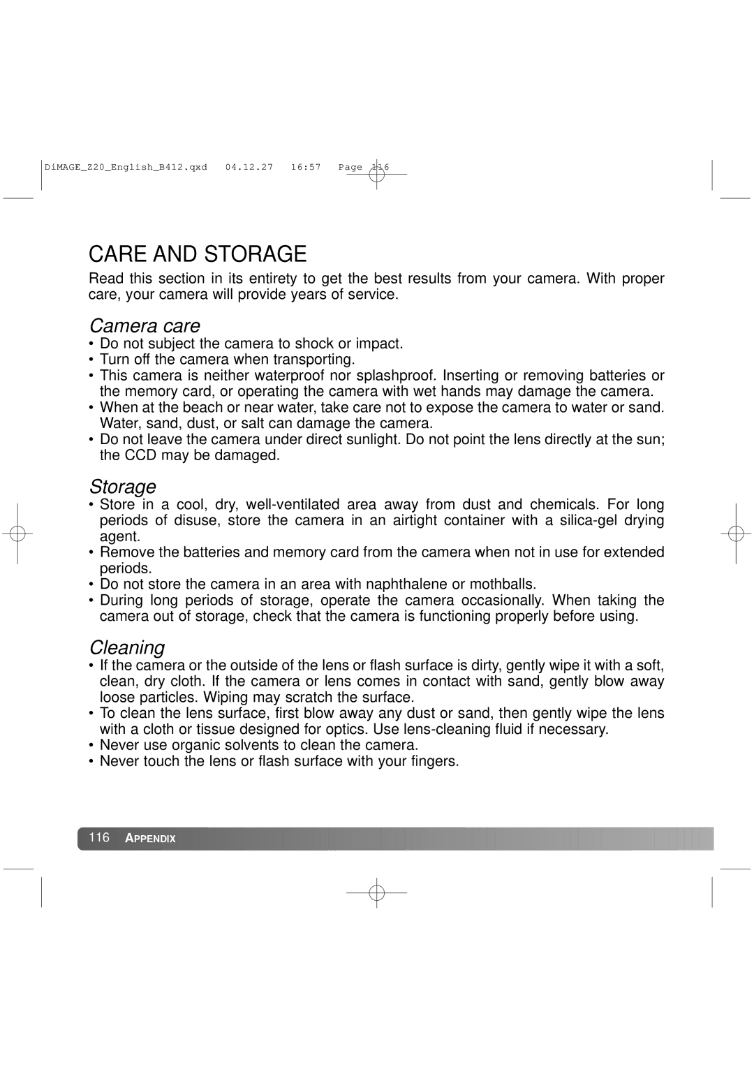 Konica Minolta Z20 instruction manual Care and Storage, Camera care, Cleaning 