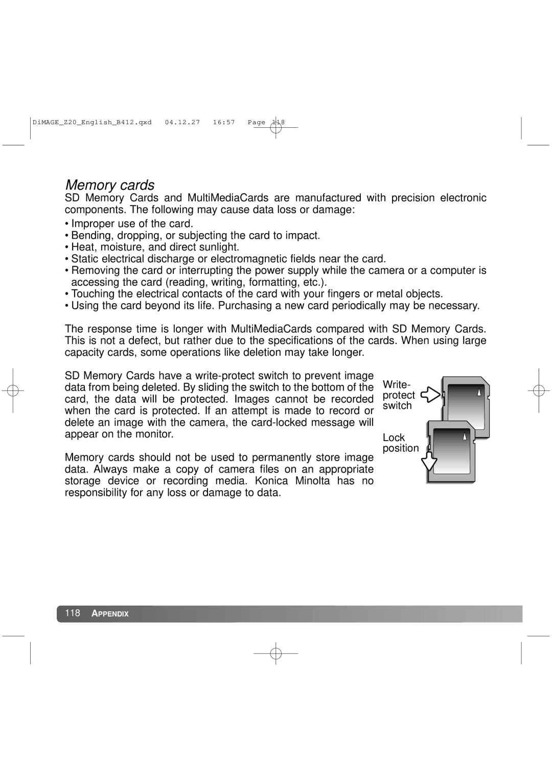 Konica Minolta Z20 instruction manual Memory cards 