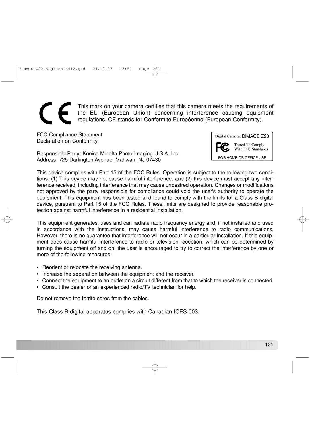 Konica Minolta Z20 instruction manual FCC Compliance Statement 