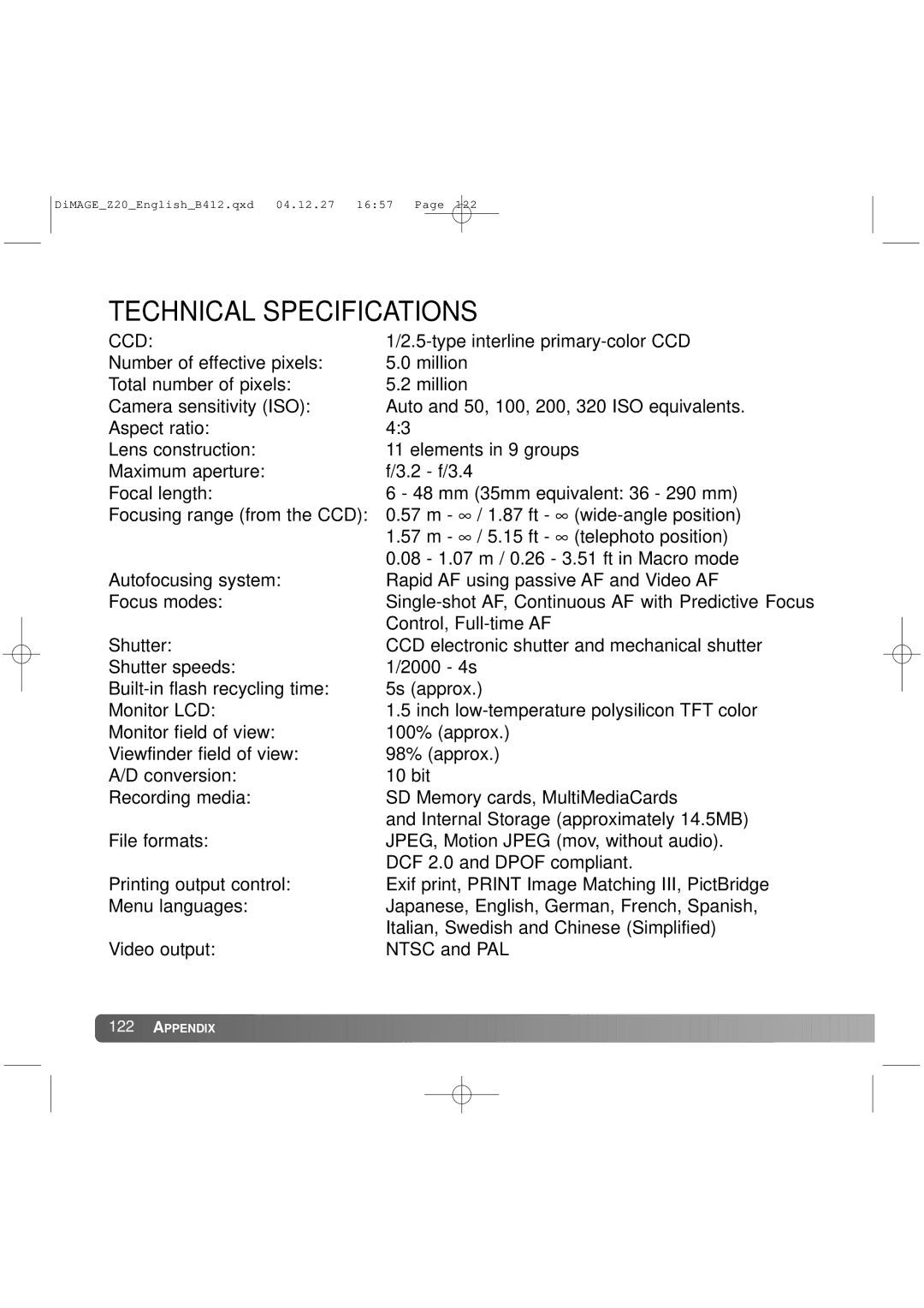 Konica Minolta Z20 instruction manual Technical Specifications, Ccd 