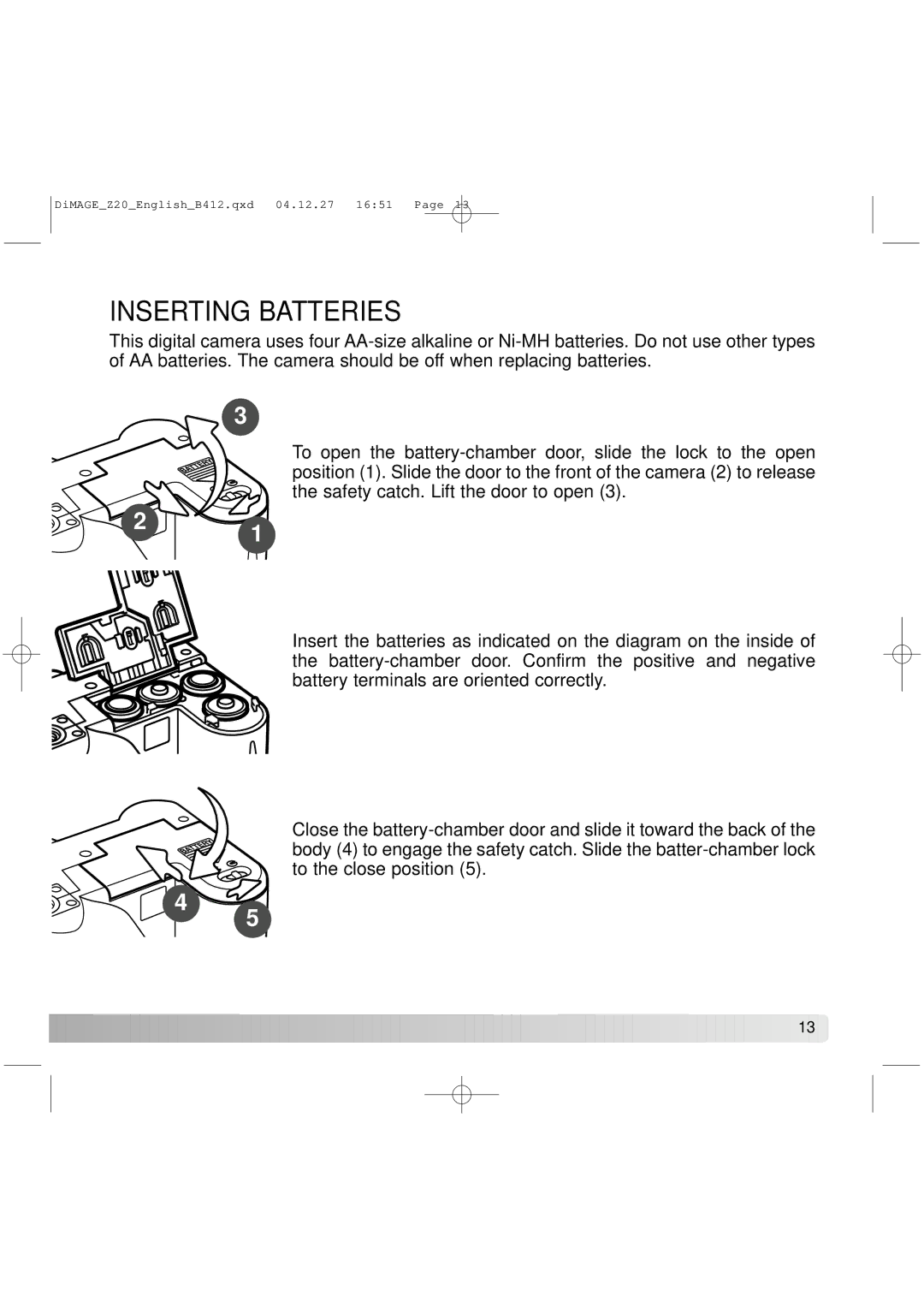 Konica Minolta Z20 instruction manual Inserting Batteries 