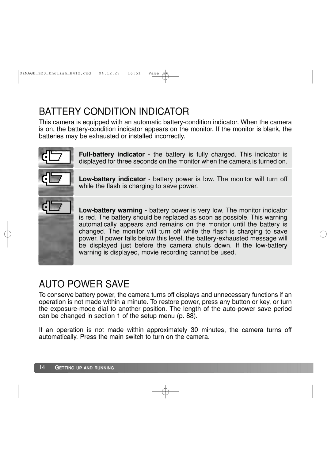 Konica Minolta Z20 instruction manual Battery Condition Indicator, Auto Power Save 