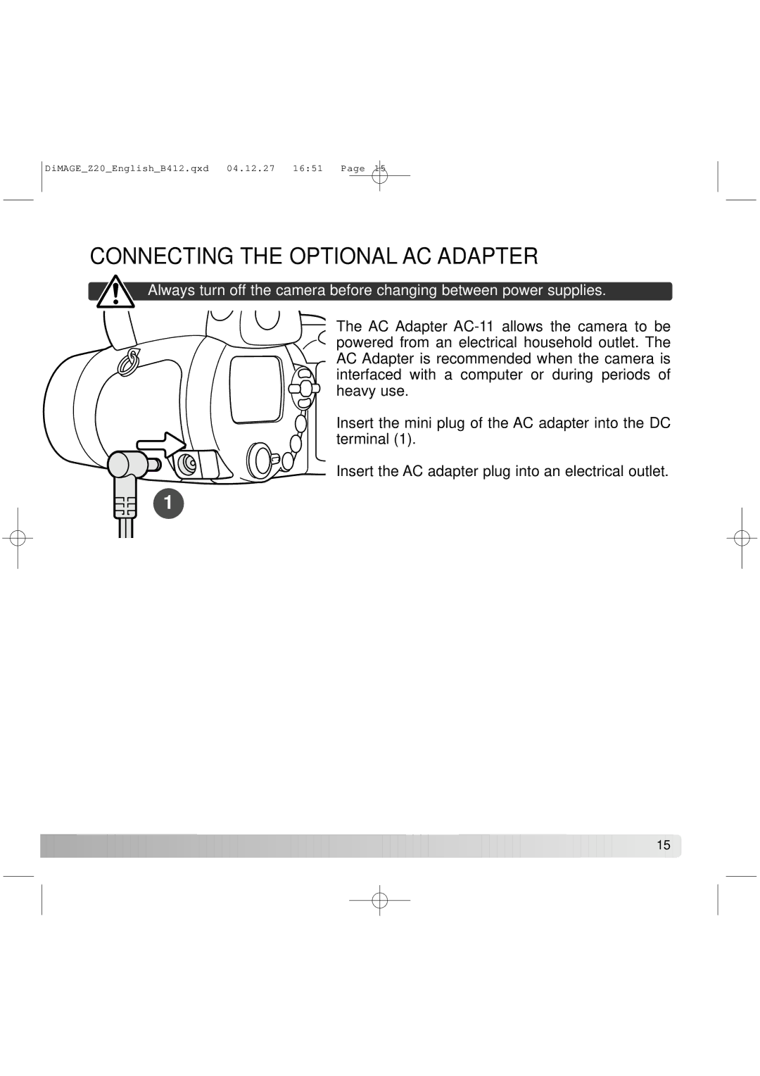 Konica Minolta Z20 instruction manual Connecting the Optional AC Adapter 