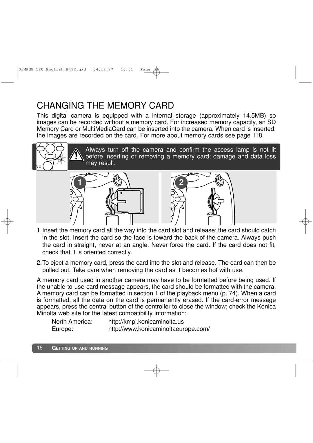 Konica Minolta Z20 instruction manual Changing the Memory Card 