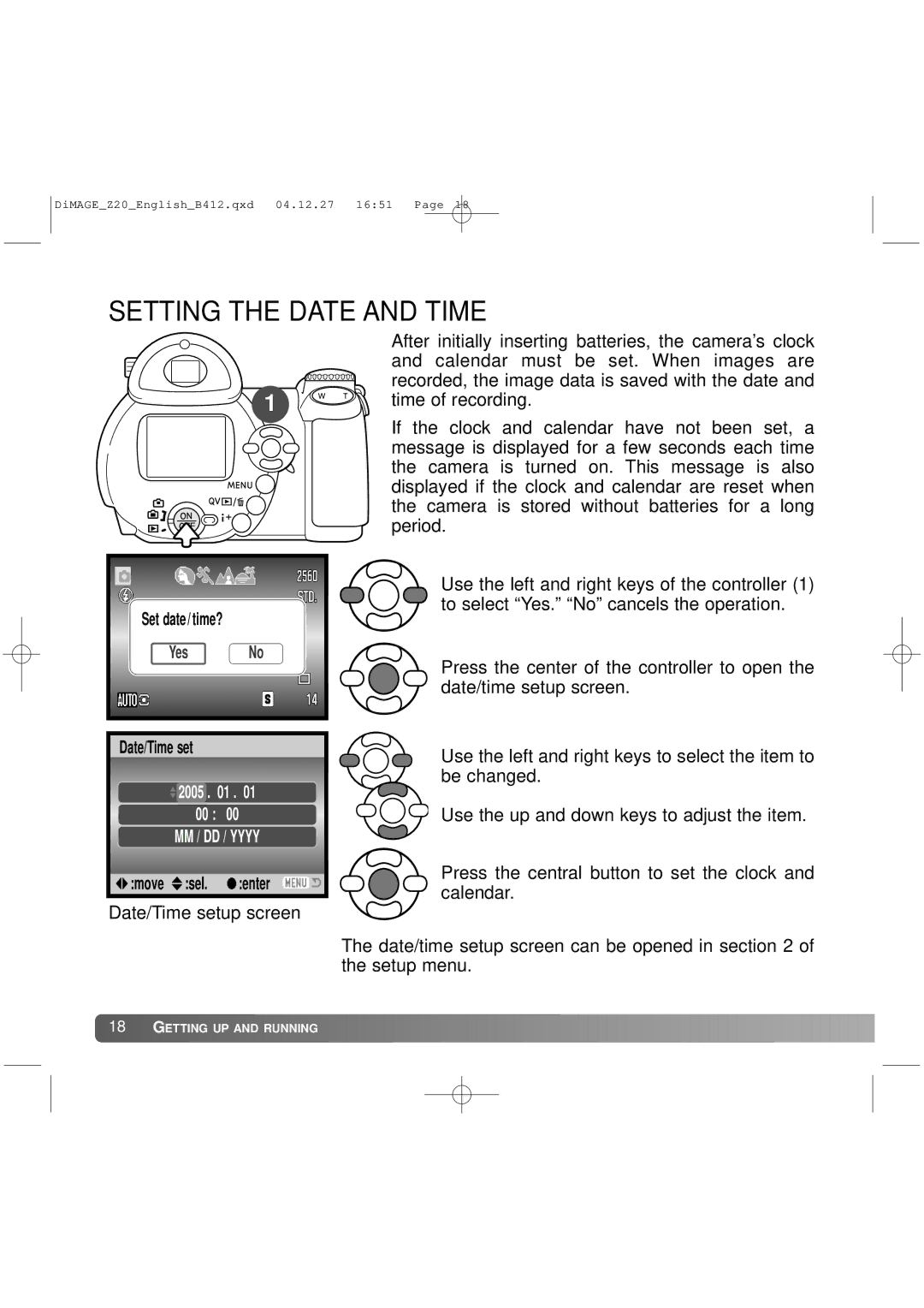 Konica Minolta Z20 instruction manual Setting the Date and Time 