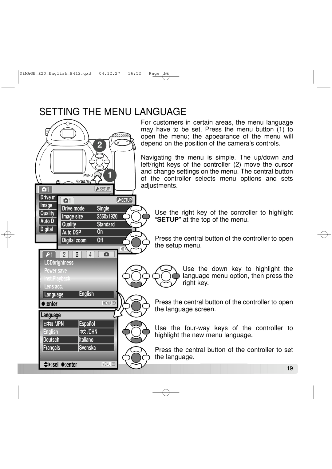 Konica Minolta Z20 instruction manual Setting the Menu Language 