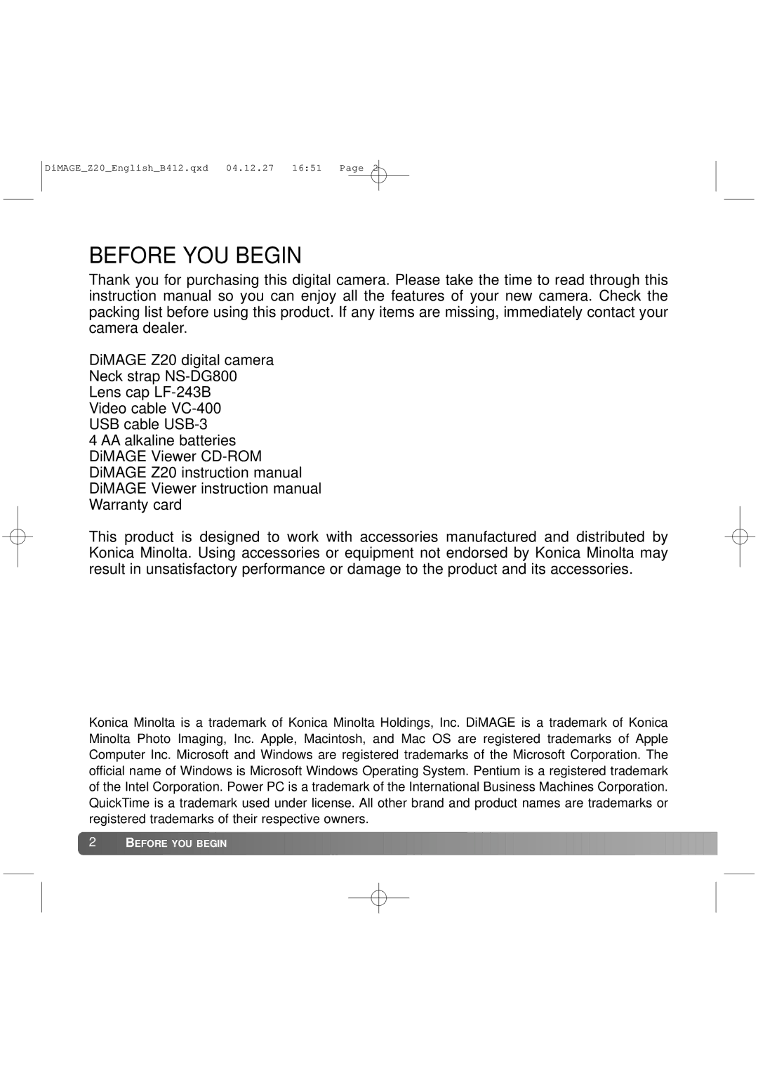 Konica Minolta Z20 instruction manual Before YOU Begin 