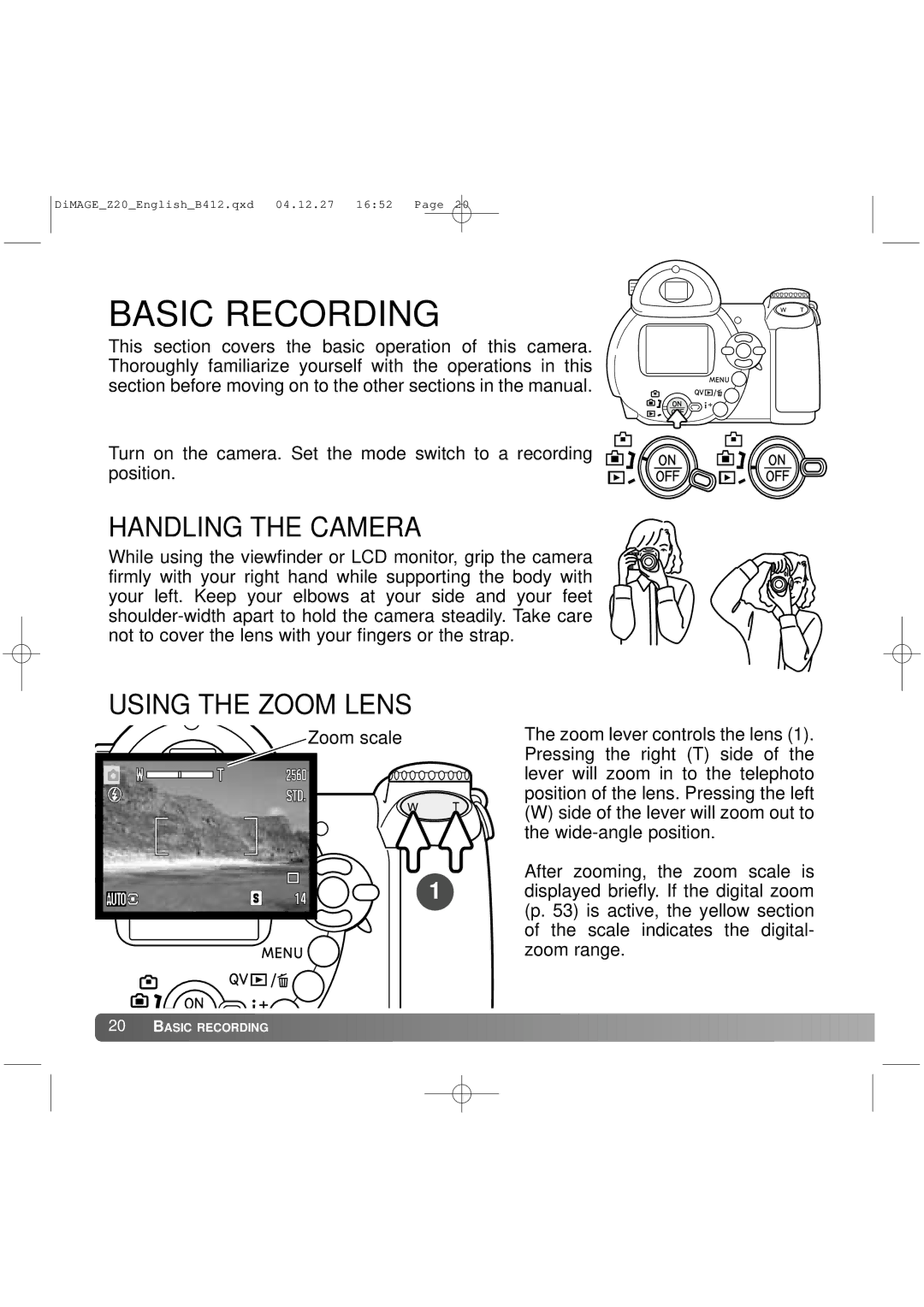 Konica Minolta Z20 instruction manual Basic Recording, Handling the Camera 