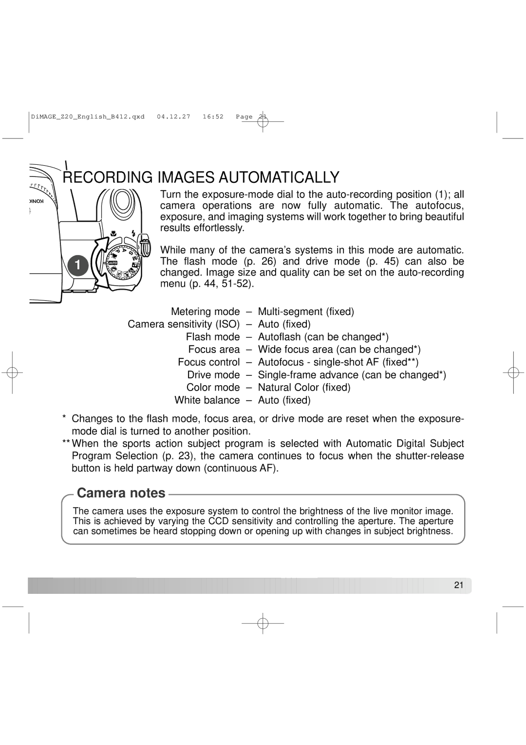 Konica Minolta Z20 instruction manual Recording Images Automatically 