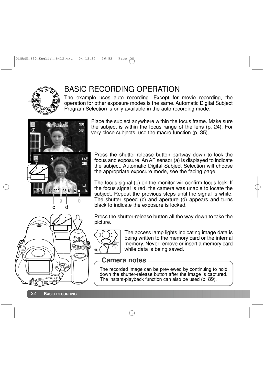 Konica Minolta Z20 instruction manual Basic Recording Operation 