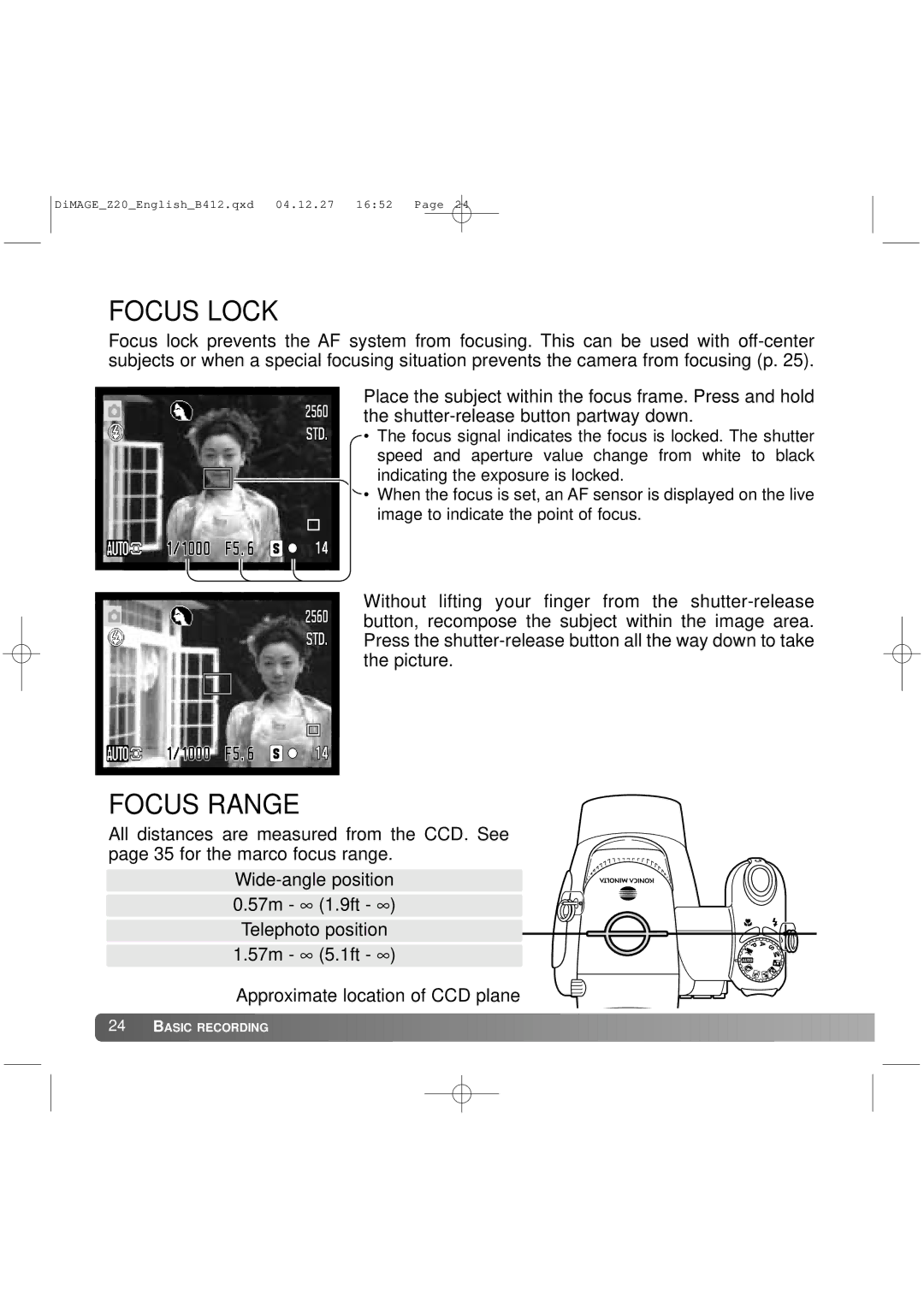 Konica Minolta Z20 instruction manual Focus Lock, Focus Range 