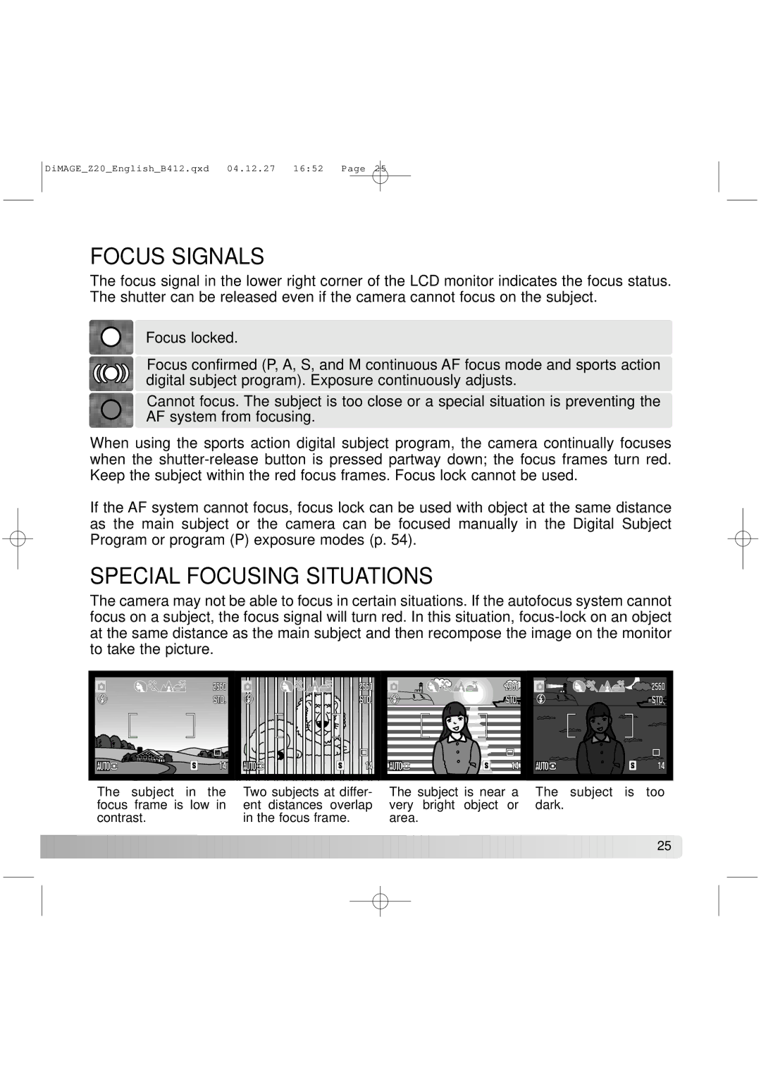 Konica Minolta Z20 instruction manual Focus Signals, Special Focusing Situations 