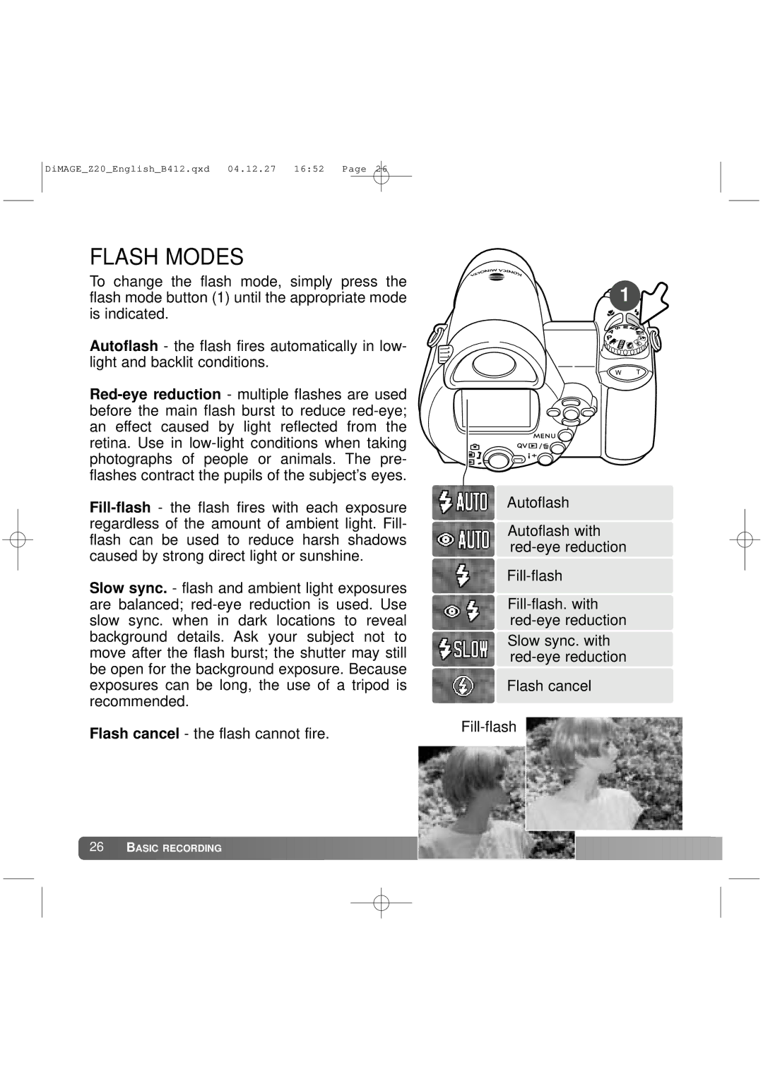 Konica Minolta Z20 instruction manual Flash Modes 