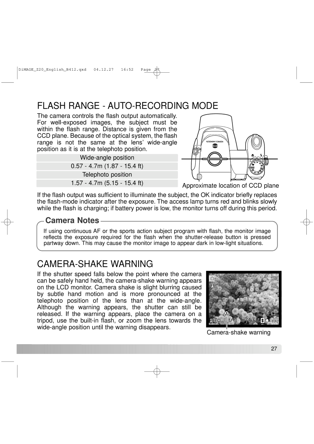 Konica Minolta Z20 instruction manual Flash Range AUTO-RECORDING Mode, CAMERA-SHAKE Warning 