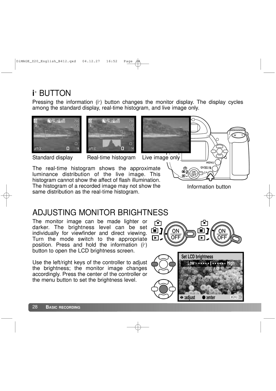 Konica Minolta Z20 instruction manual + Button, Adjusting Monitor Brightness 