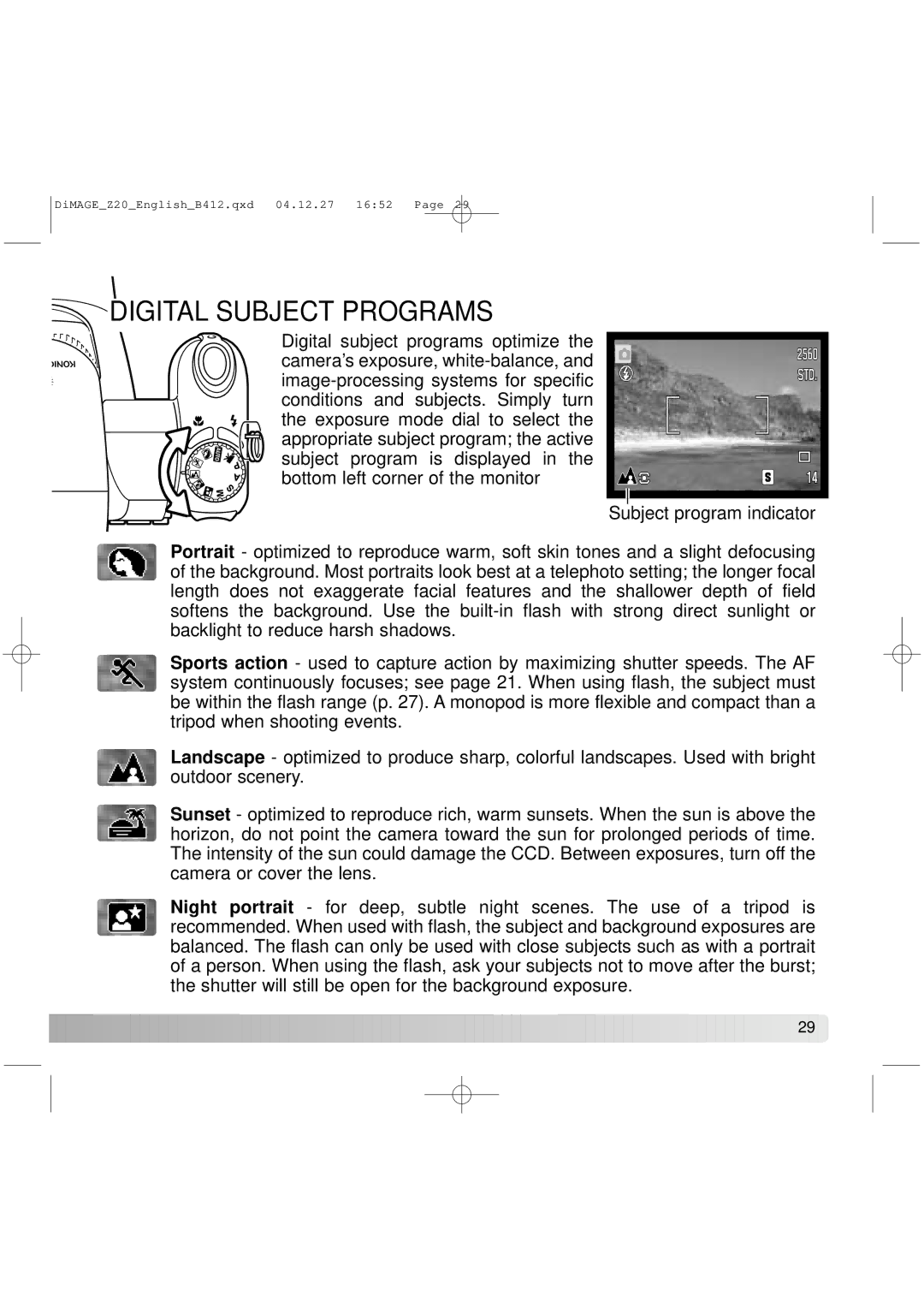 Konica Minolta Z20 instruction manual Digital Subject Programs 