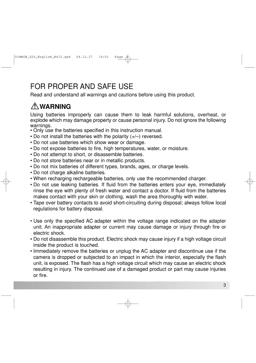 Konica Minolta Z20 instruction manual For Proper and Safe USE 