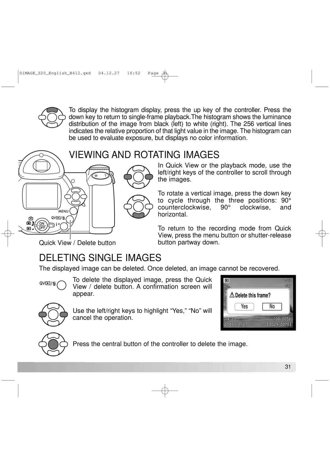 Konica Minolta Z20 instruction manual Viewing and Rotating Images, Deleting Single Images 