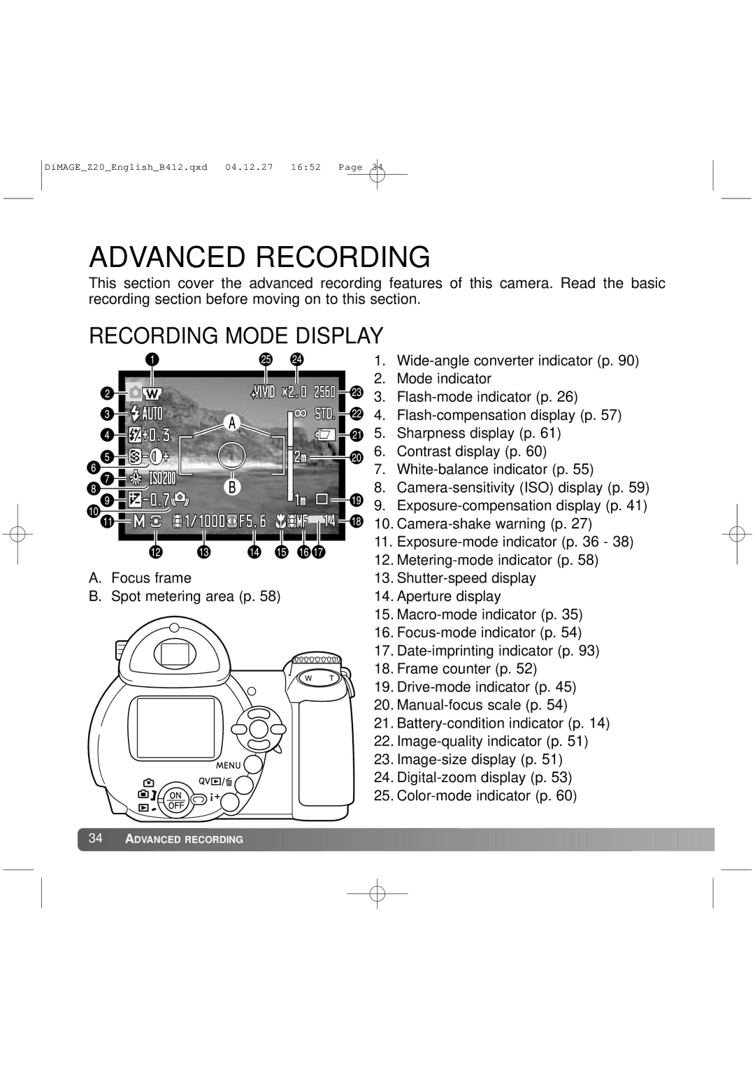 Konica Minolta Z20 instruction manual Advanced Recording, Recording Mode Display 