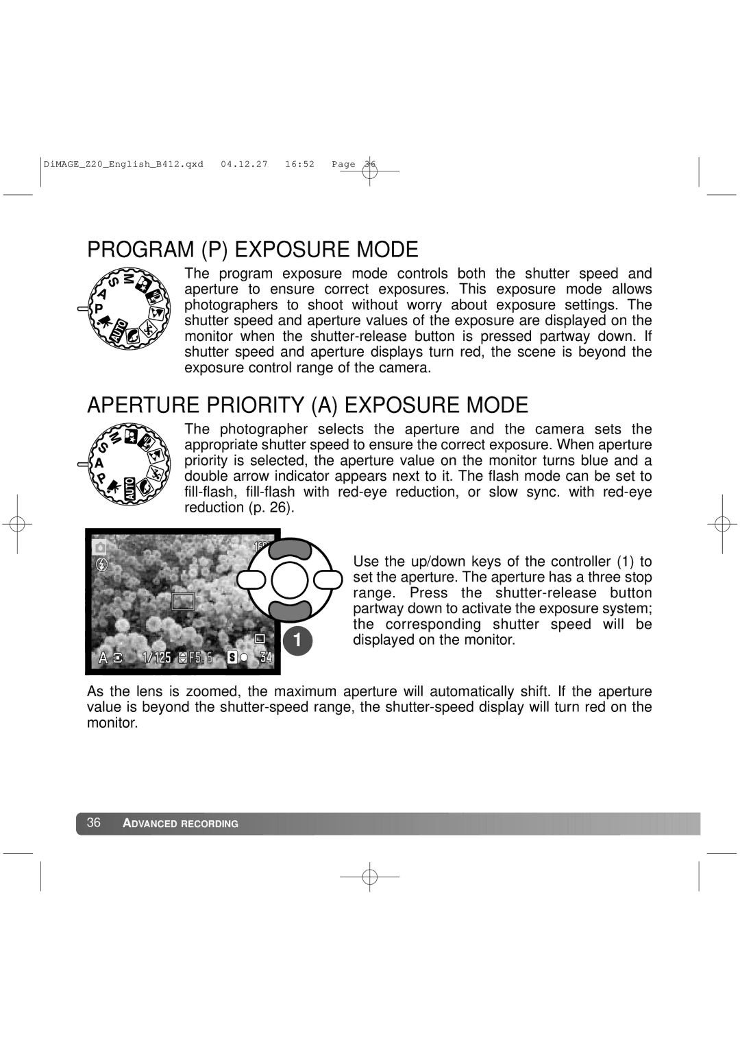 Konica Minolta Z20 instruction manual Program P Exposure Mode, Aperture Priority a Exposure Mode 