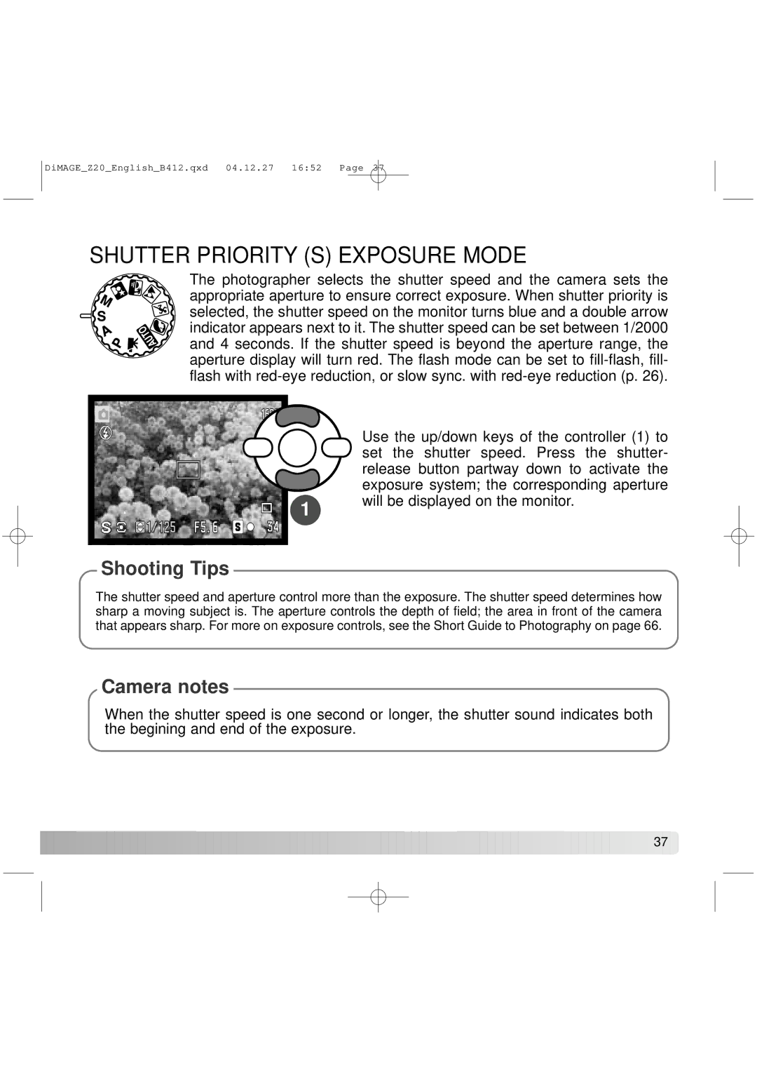 Konica Minolta Z20 instruction manual Shutter Priority S Exposure Mode, Shooting Tips 