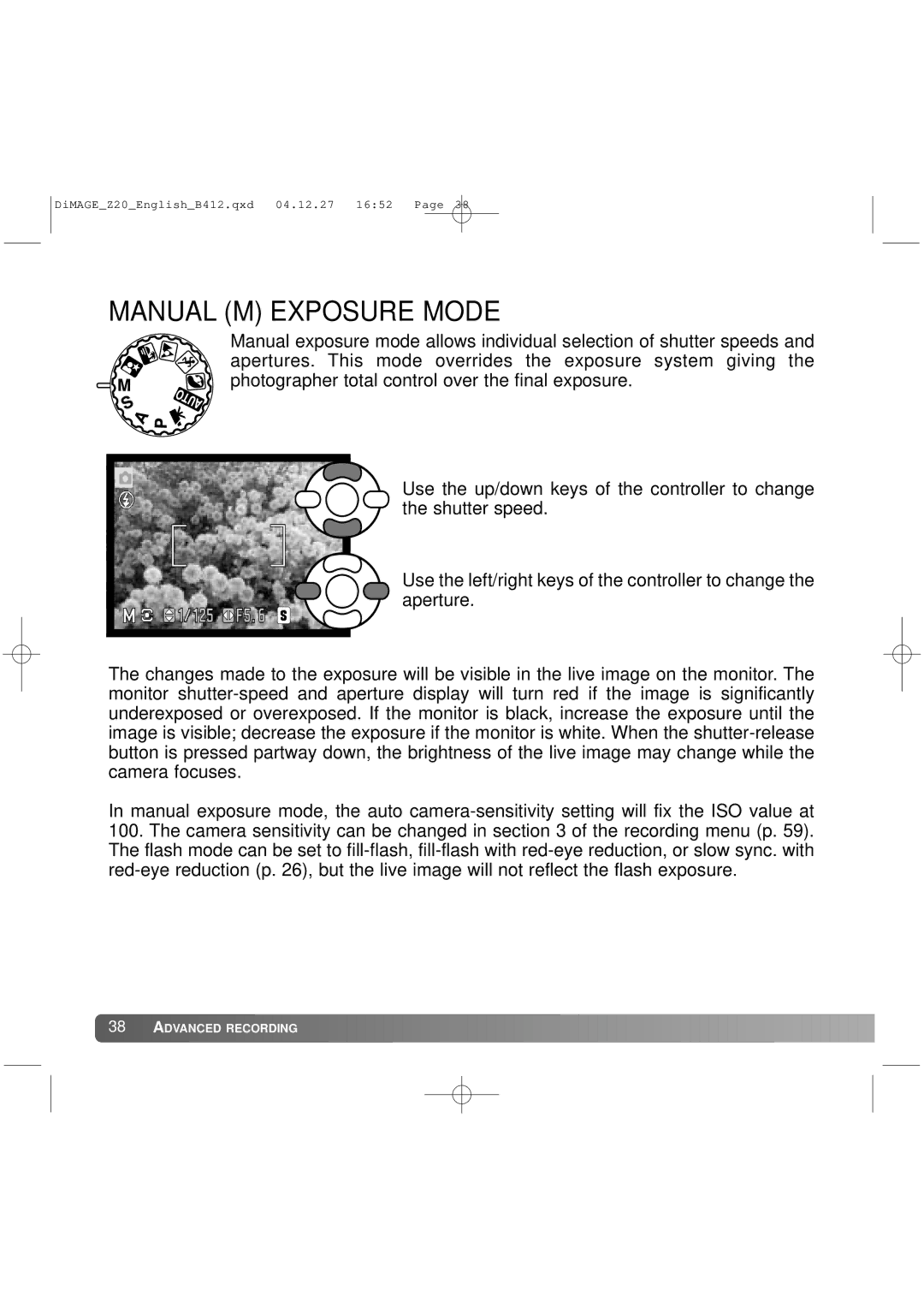 Konica Minolta Z20 instruction manual Manual M Exposure Mode 