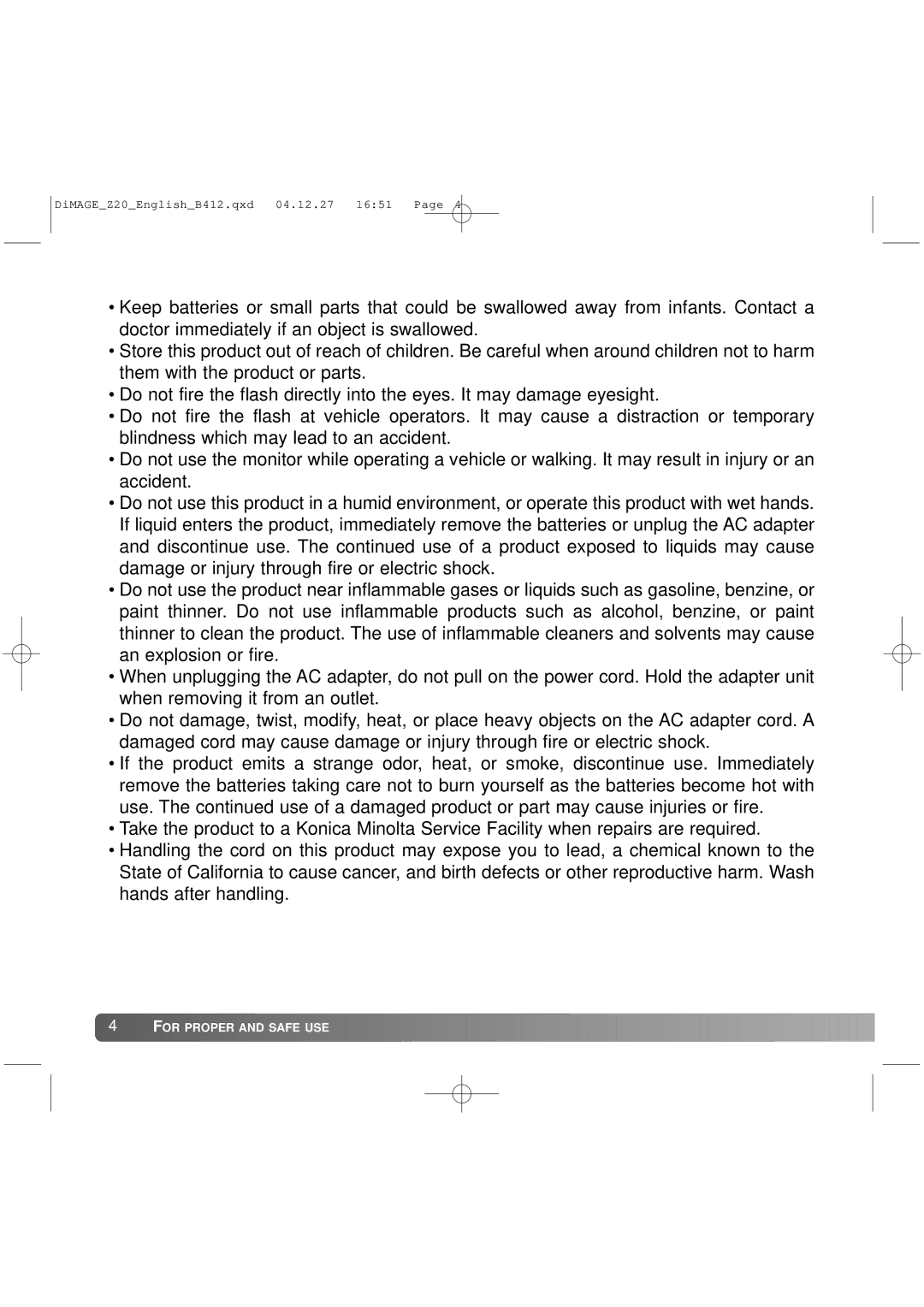 Konica Minolta Z20 instruction manual For Proper and Safe USE 