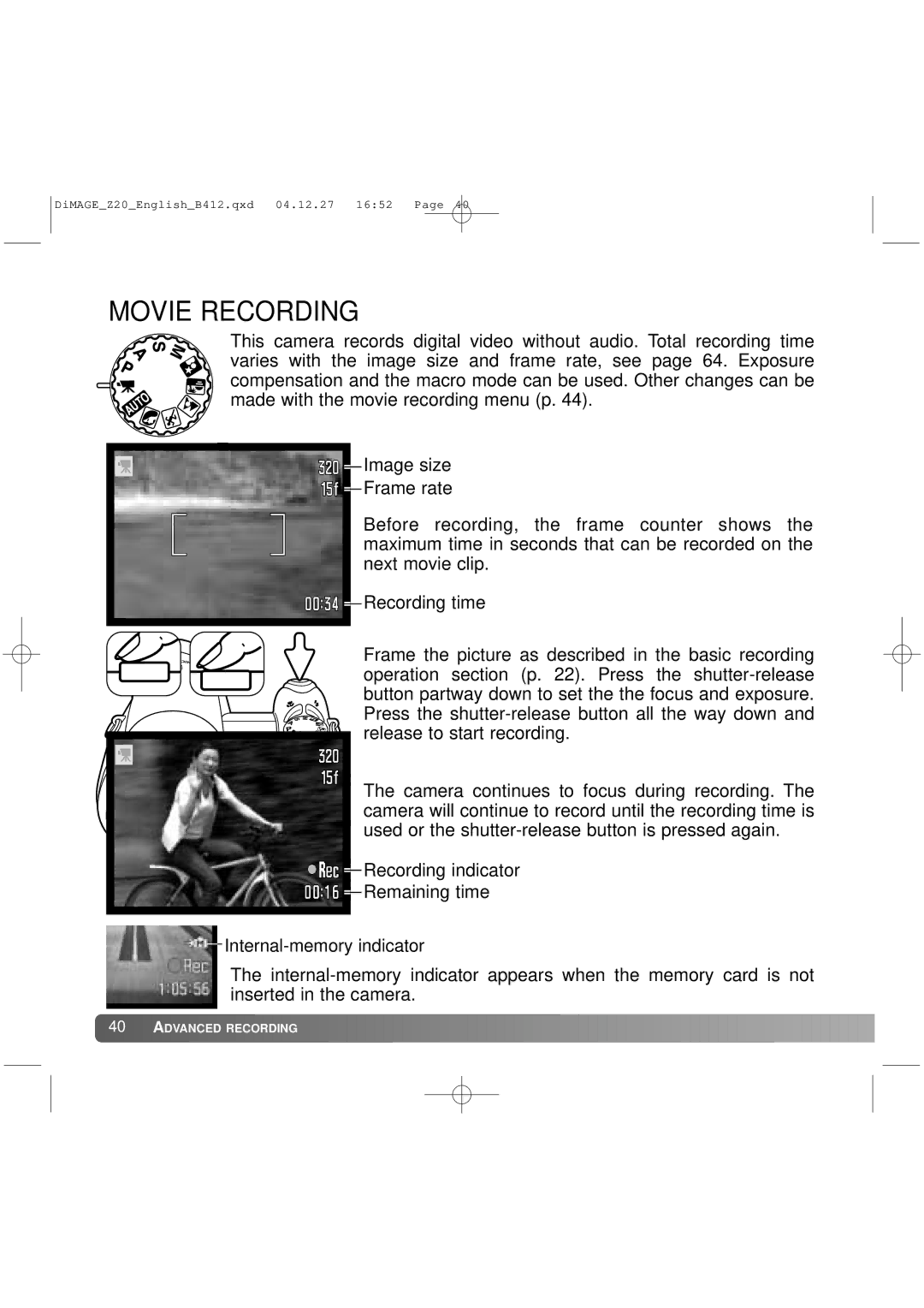 Konica Minolta Z20 instruction manual Movie Recording 