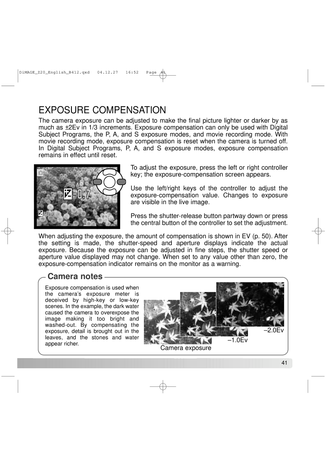 Konica Minolta Z20 instruction manual Exposure Compensation 