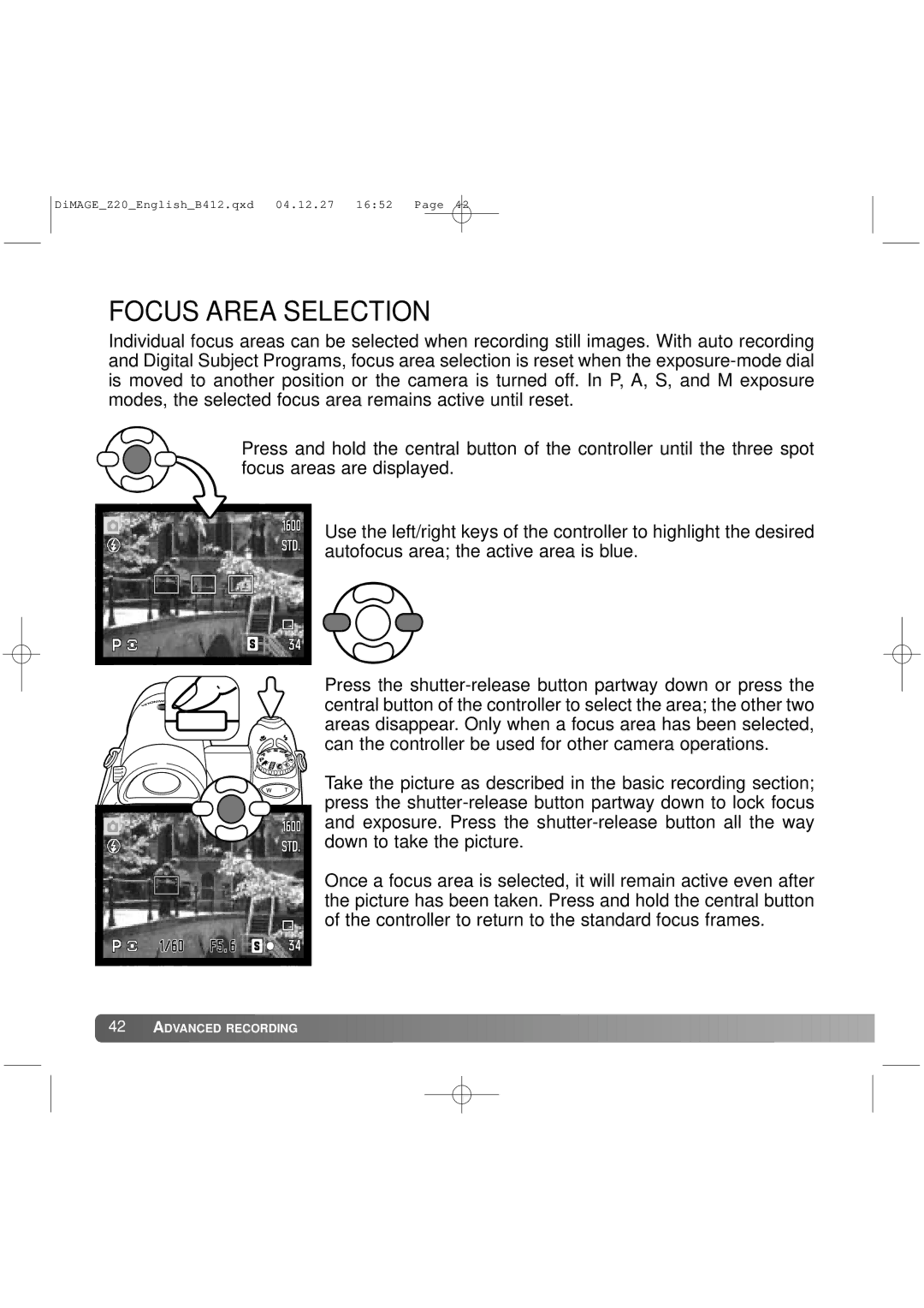 Konica Minolta Z20 instruction manual Focus Area Selection 