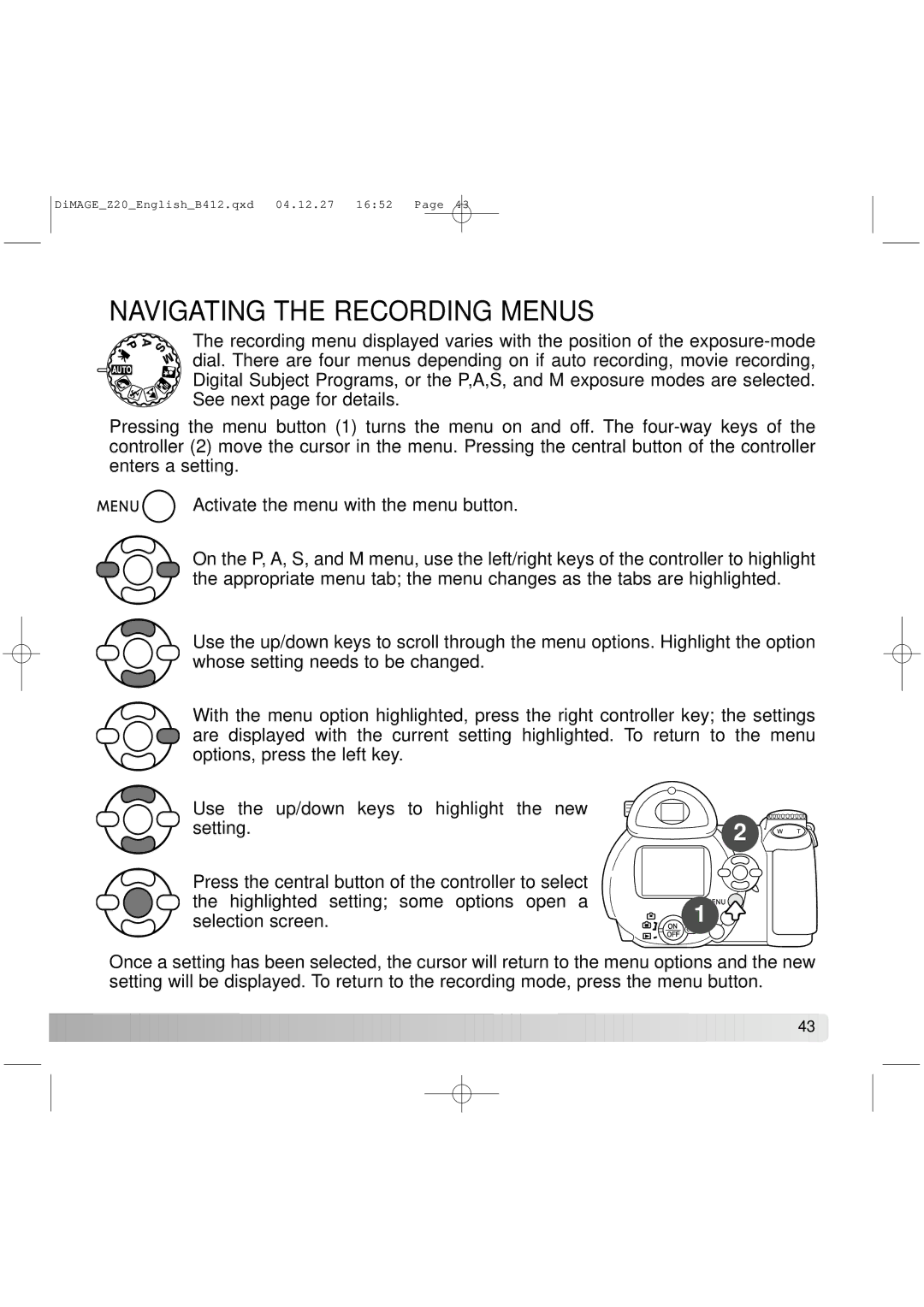 Konica Minolta Z20 instruction manual Navigating the Recording Menus 