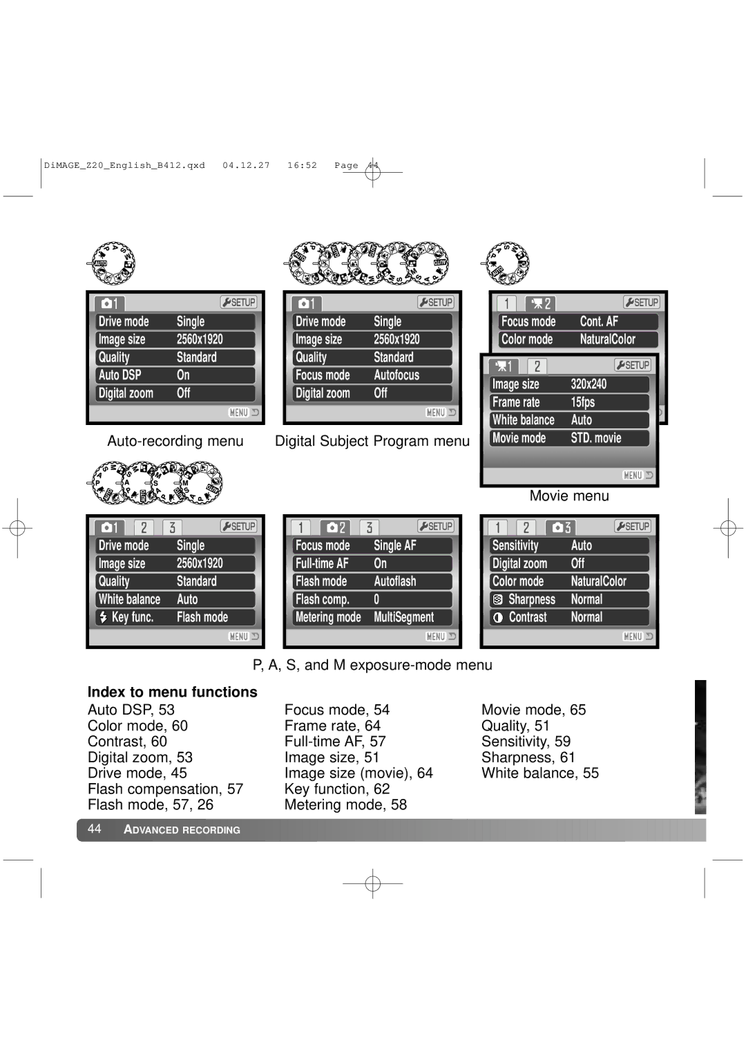 Konica Minolta Z20 instruction manual Index to menu functions 