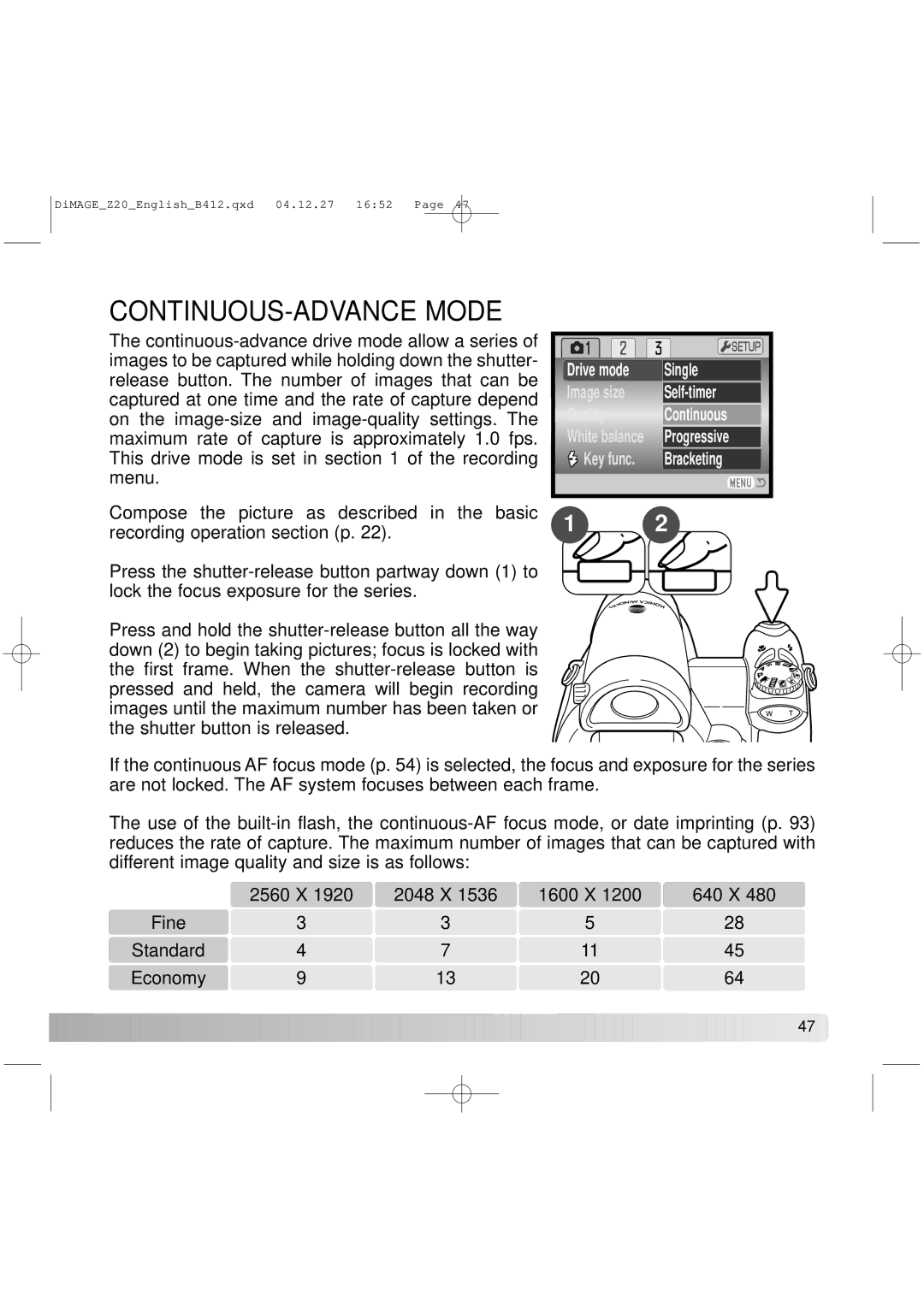 Konica Minolta Z20 instruction manual CONTINUOUS-ADVANCE Mode 