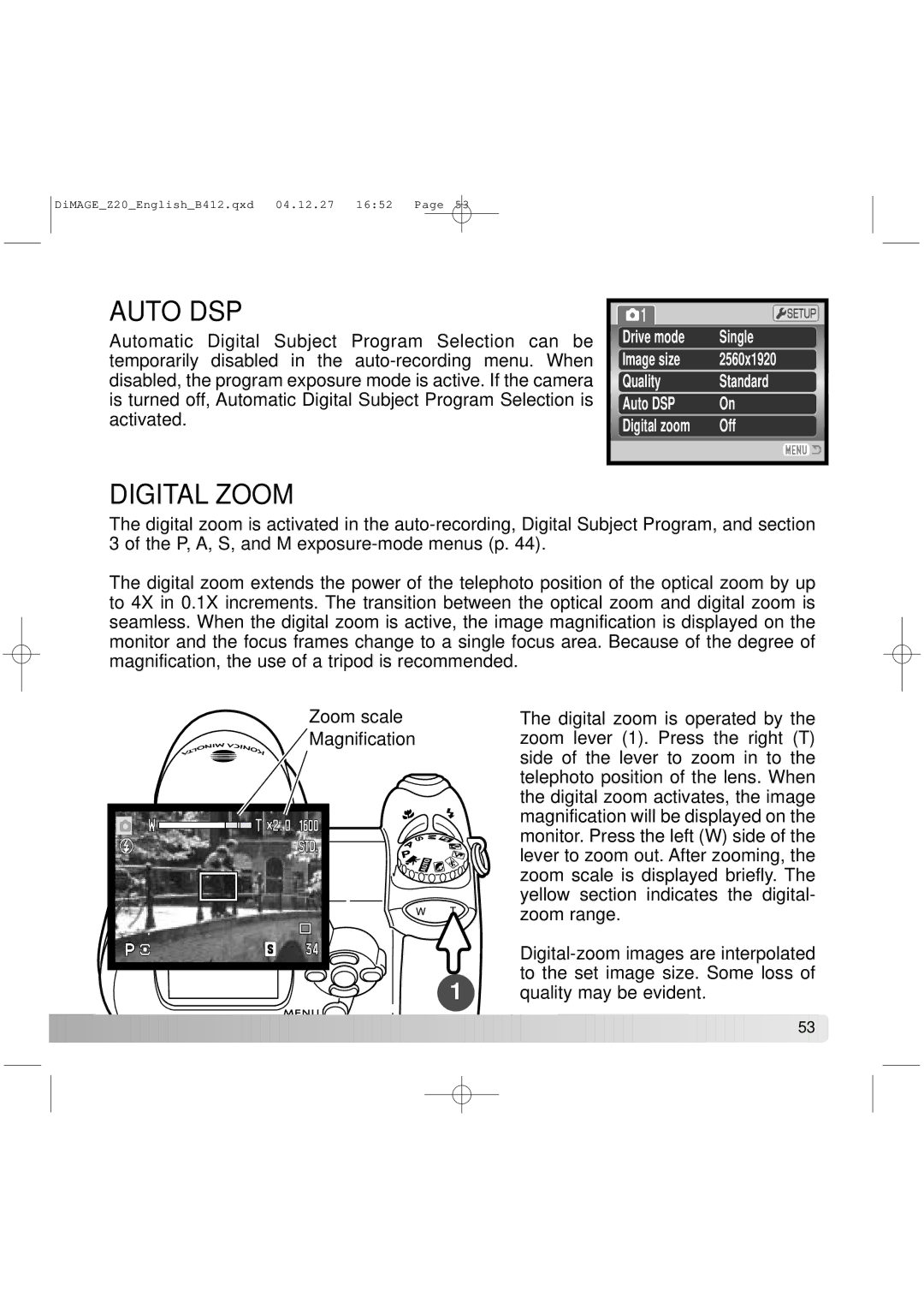 Konica Minolta Z20 instruction manual Auto DSP, Digital Zoom 