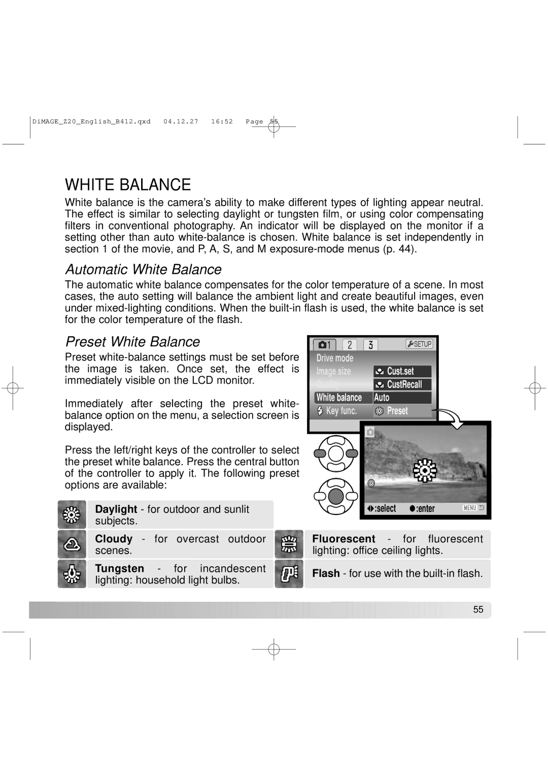 Konica Minolta Z20 instruction manual Automatic White Balance, Preset White Balance 